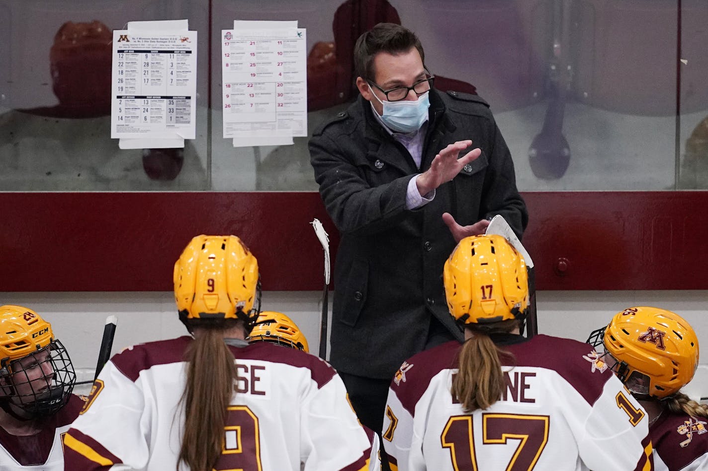 Minnesota head coach Brad Frost talked with his players during a timeout in the third period. ] ANTHONY SOUFFLE • anthony.souffle@startribune.com