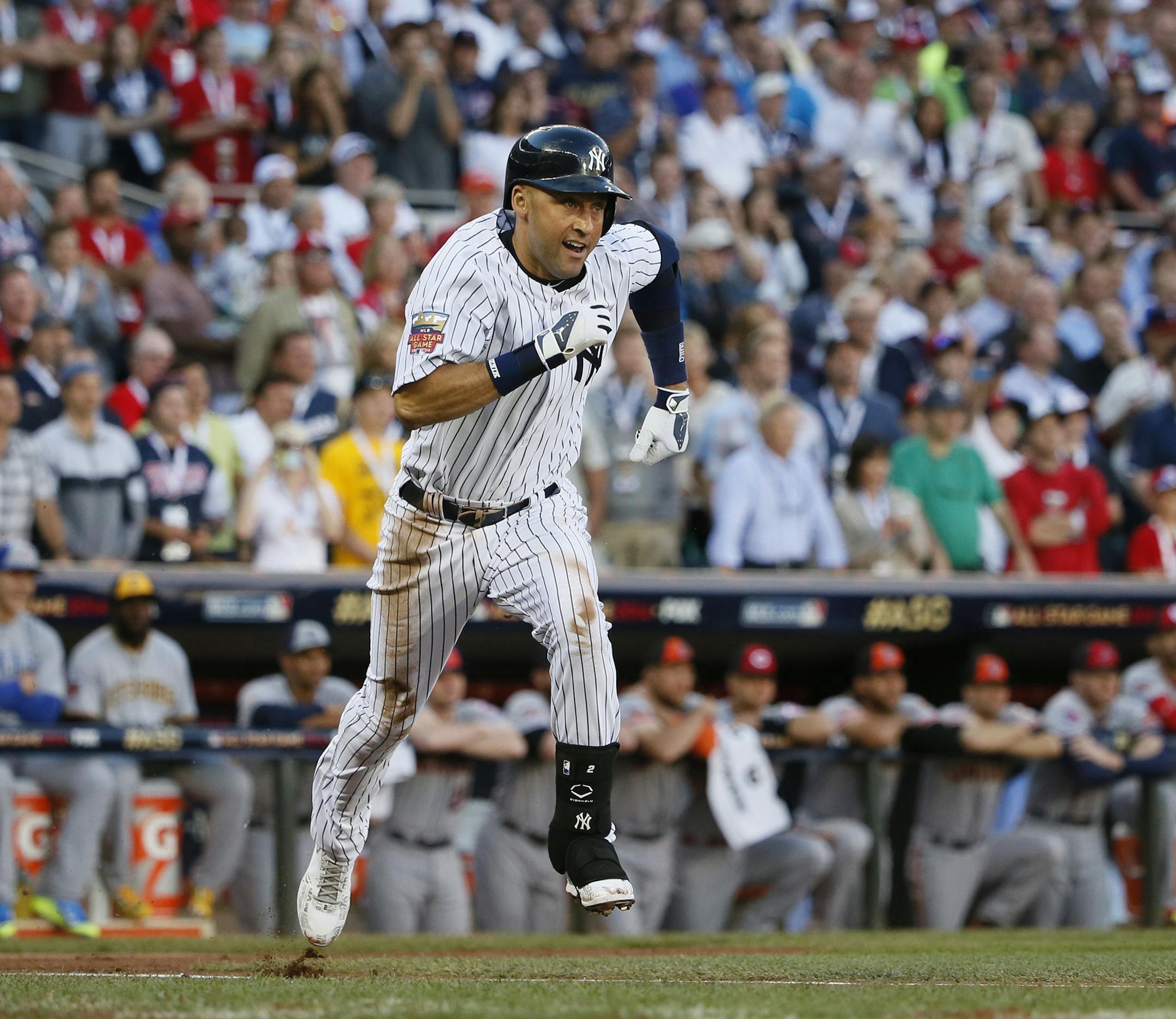 Derek Jeter, SS, New York Yankees heads to first for a first inning hit as the lead-off batter for the American League during Tuesday night All Star Game at Target Field July 15, 2014 in Minneapolis, MN. ] Jerry Holt Jerry.holt@startribune.com