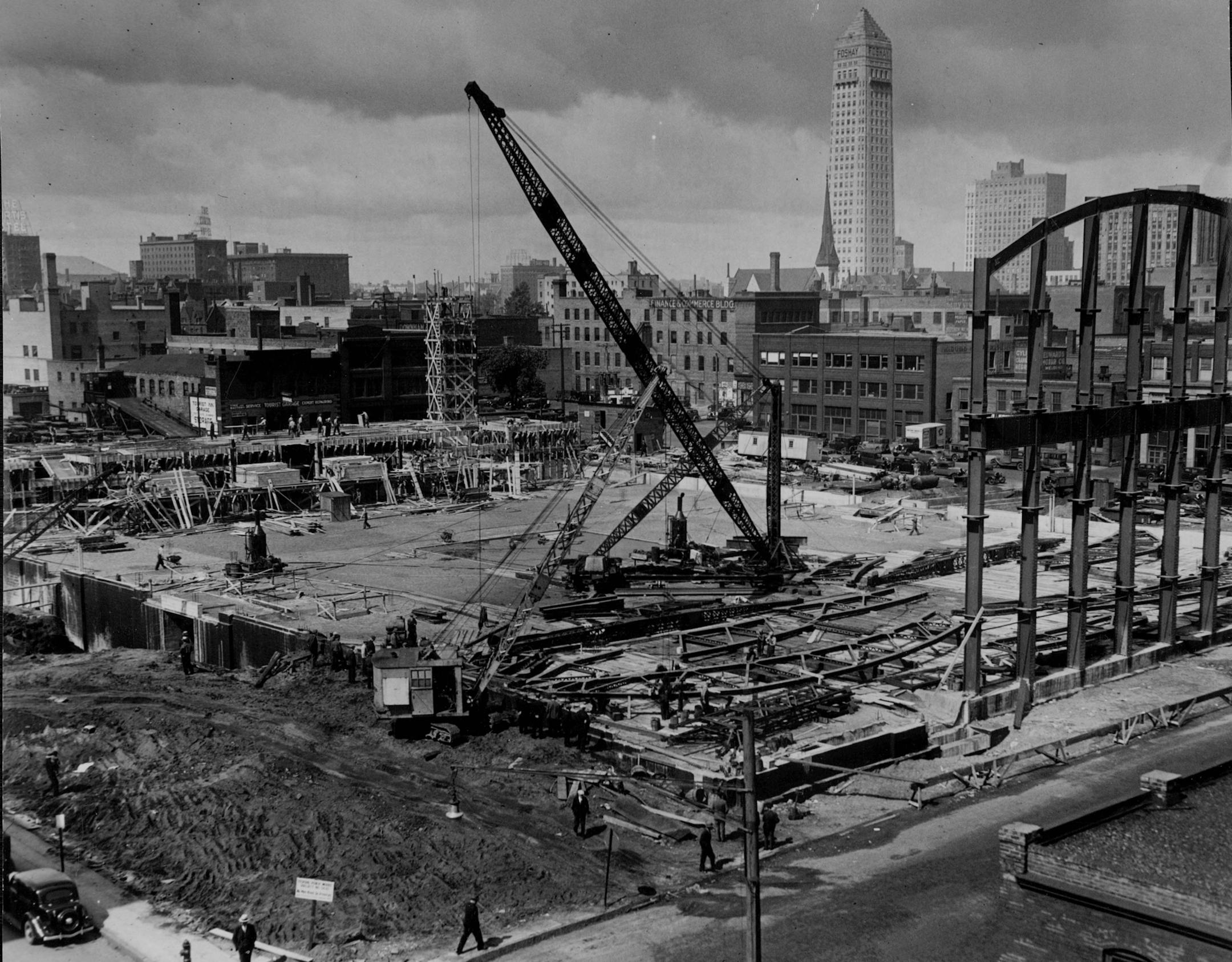 The new Armory Building under construction in downtown Minneapolis on June 16, 1935. Photo courtesy the Minneapolis Newspaper Photograph Collection at the Hennepin County Library.