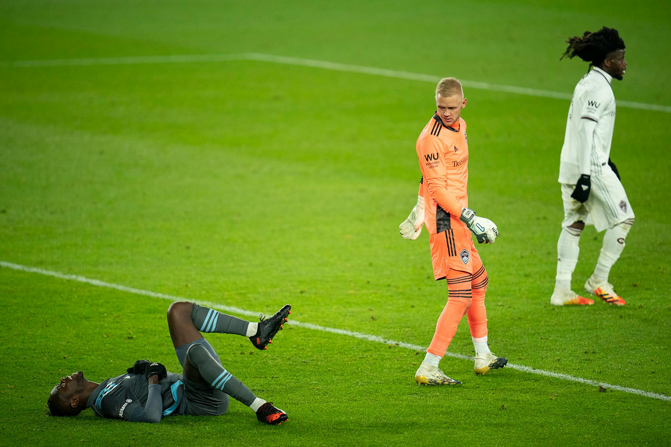 Minnesota United forward Kei Kamara (16) reacted after Colorado Rapids goalkeeper William Yarbrough (50) kicked out his second half shot.