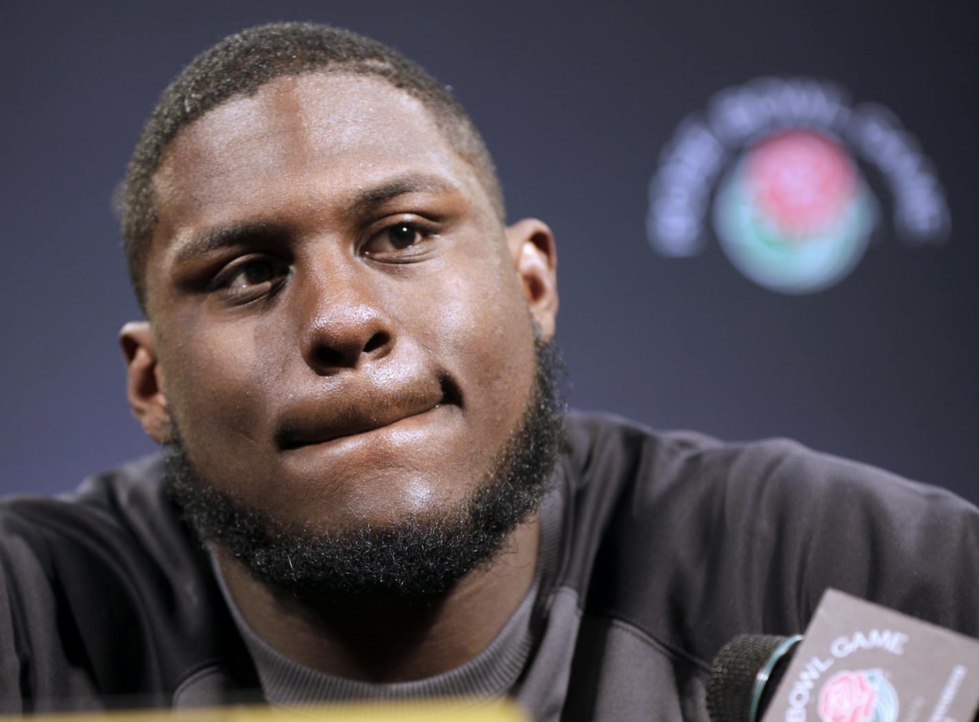 Defensive tackle Jaleel Johnson for the University of Iowa talks to reporters during a news conference in Los Angeles, Sunday, Dec. 27, 2015. Iowa is scheduled to play Stanford in the Rose Bowl NCAA college football game on New Year's Day. (AP Photo/Nick Ut) ORG XMIT: NYOTK