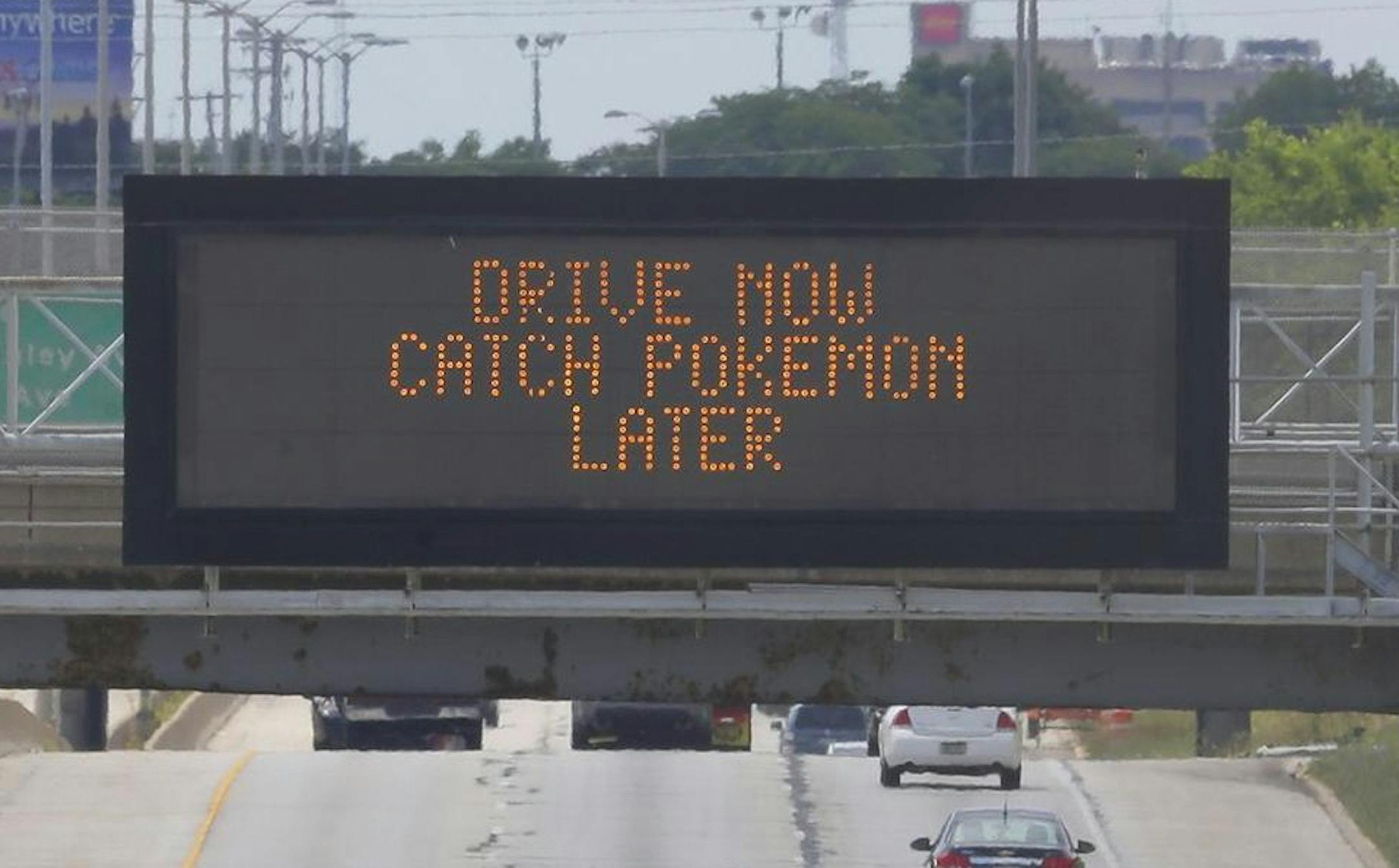 "First the concern was texting and driving; now it's PokÈmon Go. As the popular app has skyrocketed in the last few days, authorities are now worried people may be playing at inappropriate times. So traffic signs on interstates around Wisconsin now read "Drive Now. Catch PokÈmon Later." (words from Milwaukee Journal Sentinel story). Mandatory photo credit: Mike De Sisti - Milwaukee Journal Sentinel.