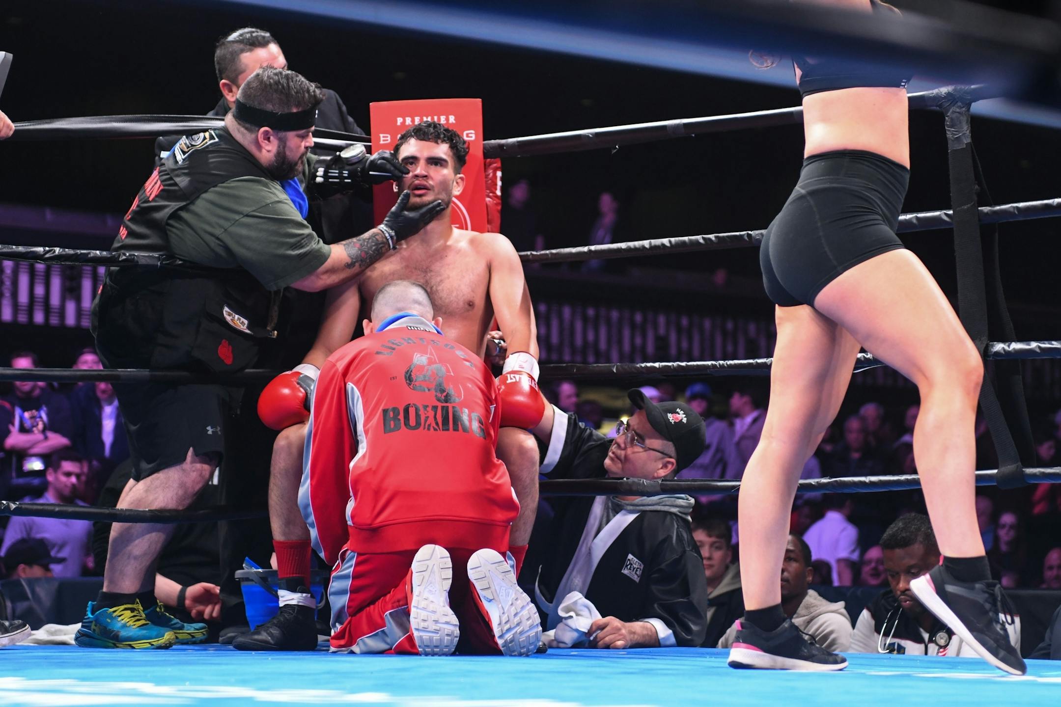 Christian Aguirre got checked on during a break between rounds.