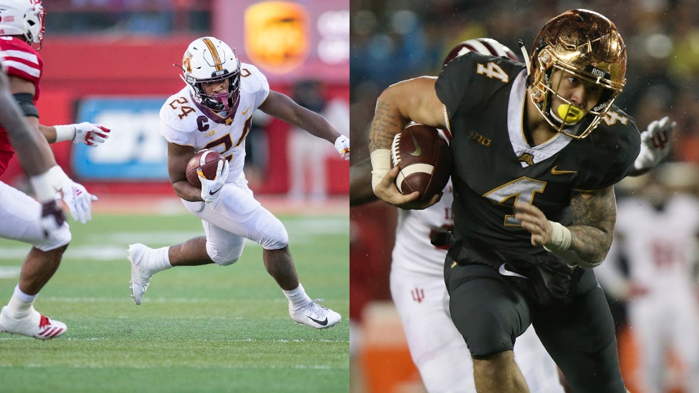 Gophers running back Mohamed Ibrahim, left, is expected back from an undisclosed injury to play against Illinois on Saturday. Shannon Brooks, right, who had 154 yards and one touchdown rushing against Indiana last week, will be out because of a right knee injury.