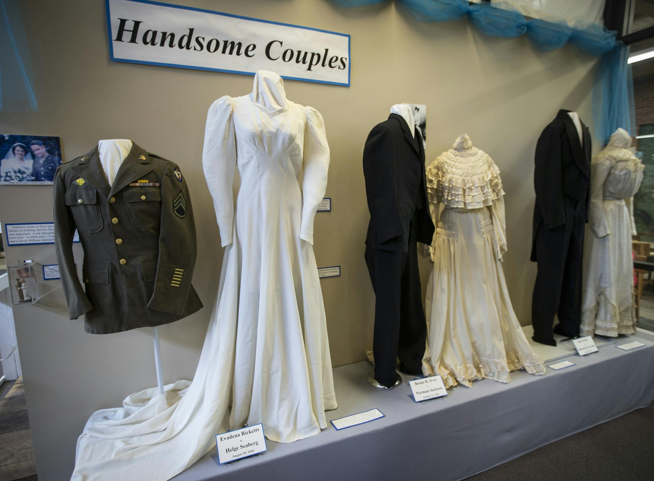 Bride and groom dresses that are part of an exhibit of historical wedding dresses at the Anoka County Historical Society Museum in Anoka, Minn., on Tuesday, July 28, 2015. ] RENEE JONES SCHNEIDER • reneejones@startribune.com