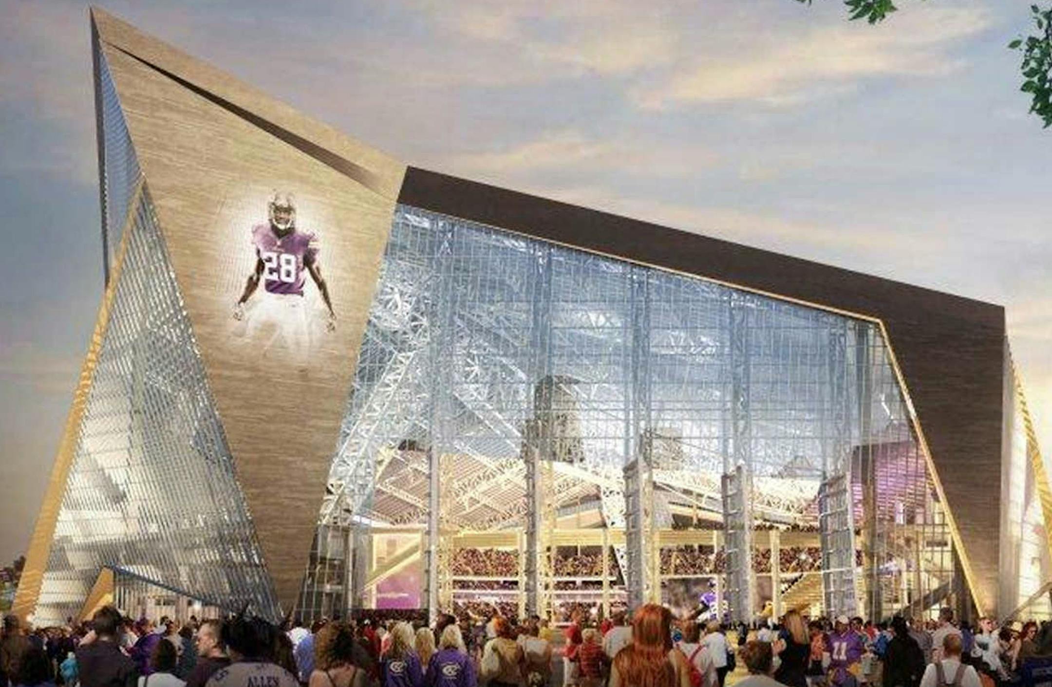 FILE - This fie handout released May 13, 2013, by the Minnesota Sports Facilities Authority and the Minnesota Vikings shows the new Vikings stadium in this rendering by HKS Sports and Entertainment Group. The Vikings say they'll raise their contribution to a new stadium to more than $500 million to make sure the project has everything they want. Vice President Lester Bagley says the extra money is the only way to preserve the design and features in the new stadium, which will now cost more than