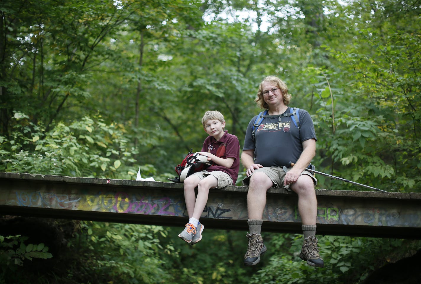 Hiking guide author Rob Bignell and his son Kieran Bignell at Fairy Falls August 31 2015 in Stillwater, MN. ] Jerry Holt/ Jerry.Holt@Startribune.com