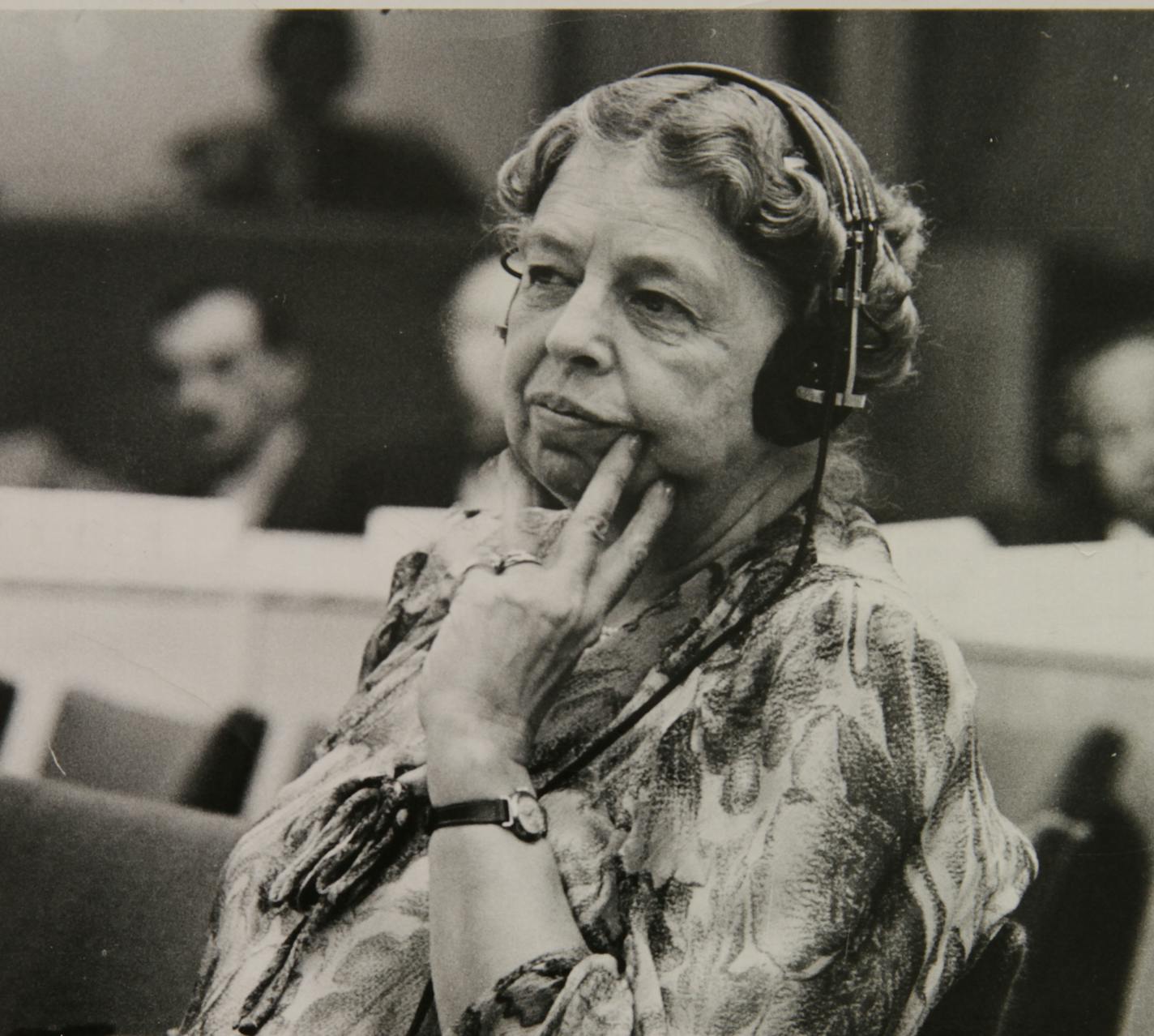 Delegate Eleanor Roosevelt at a meeting of the United Nations, 1947 Photo credit: Franklin D. Roosevelt Presidential Library ORG XMIT: S15415