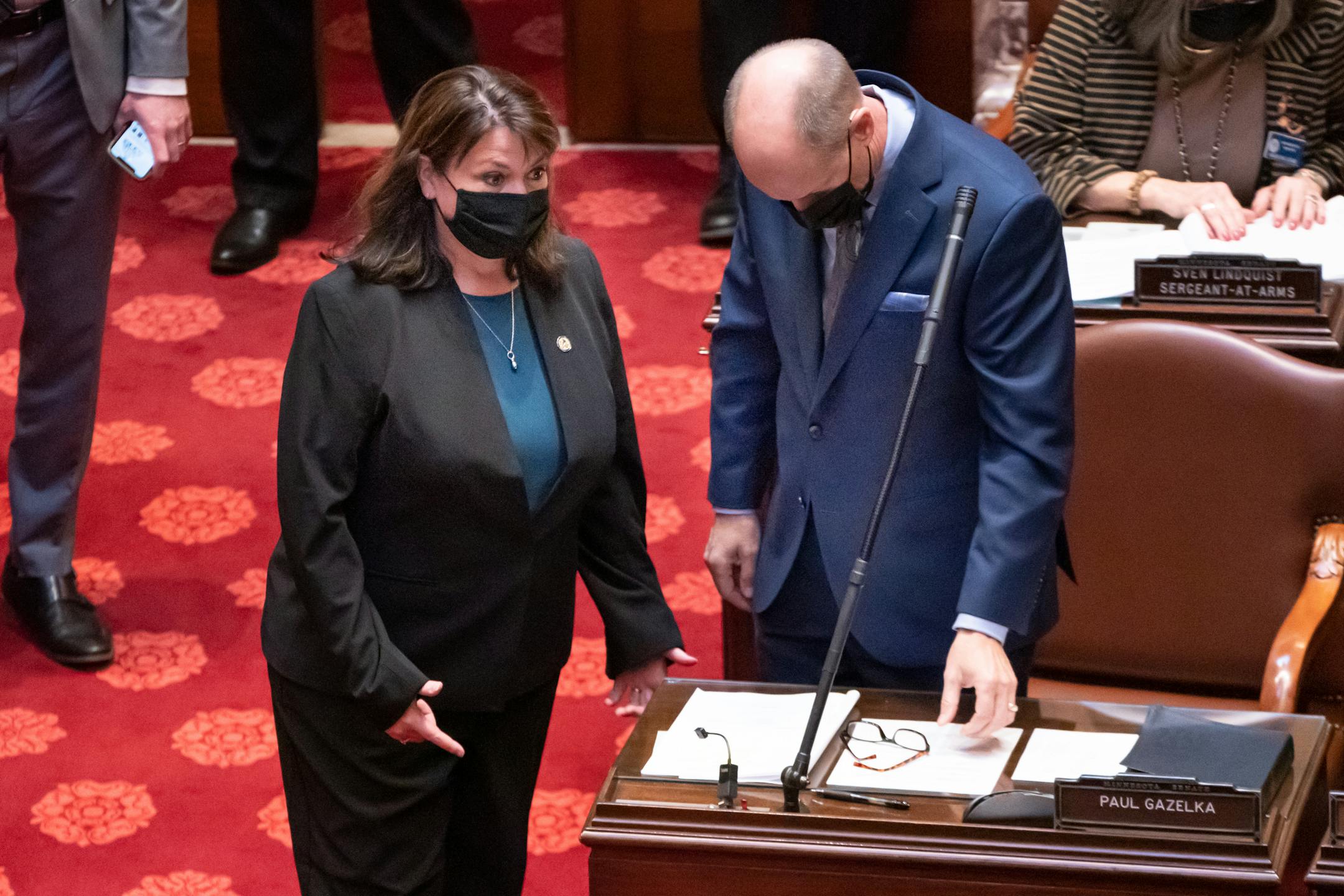 Senate Minority Leader Susan Kent, DFL-Woodbury and Senate Majority Leader Paul Gazelka, R-East Gull Lake had a heated discussion about continuing the term of President-ProTem of Sen. David Tomassoni, DFL-Chisholm.