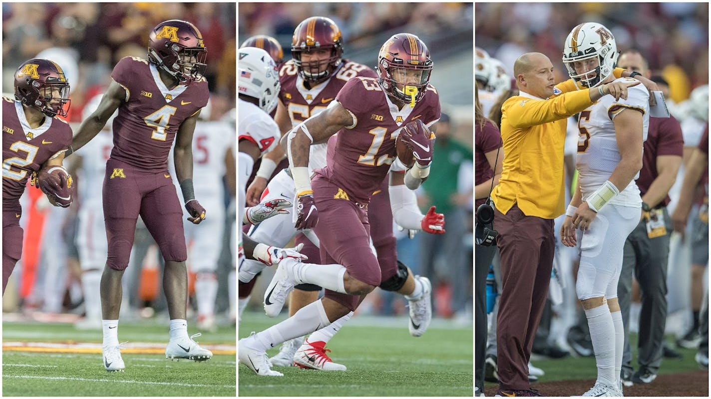 Terell Smith (4), Rashod Bateman (13) and Zack Annexstad (5) are among the Gophers freshmen who are expected to keep playing and use up a year of their eligibility this season.