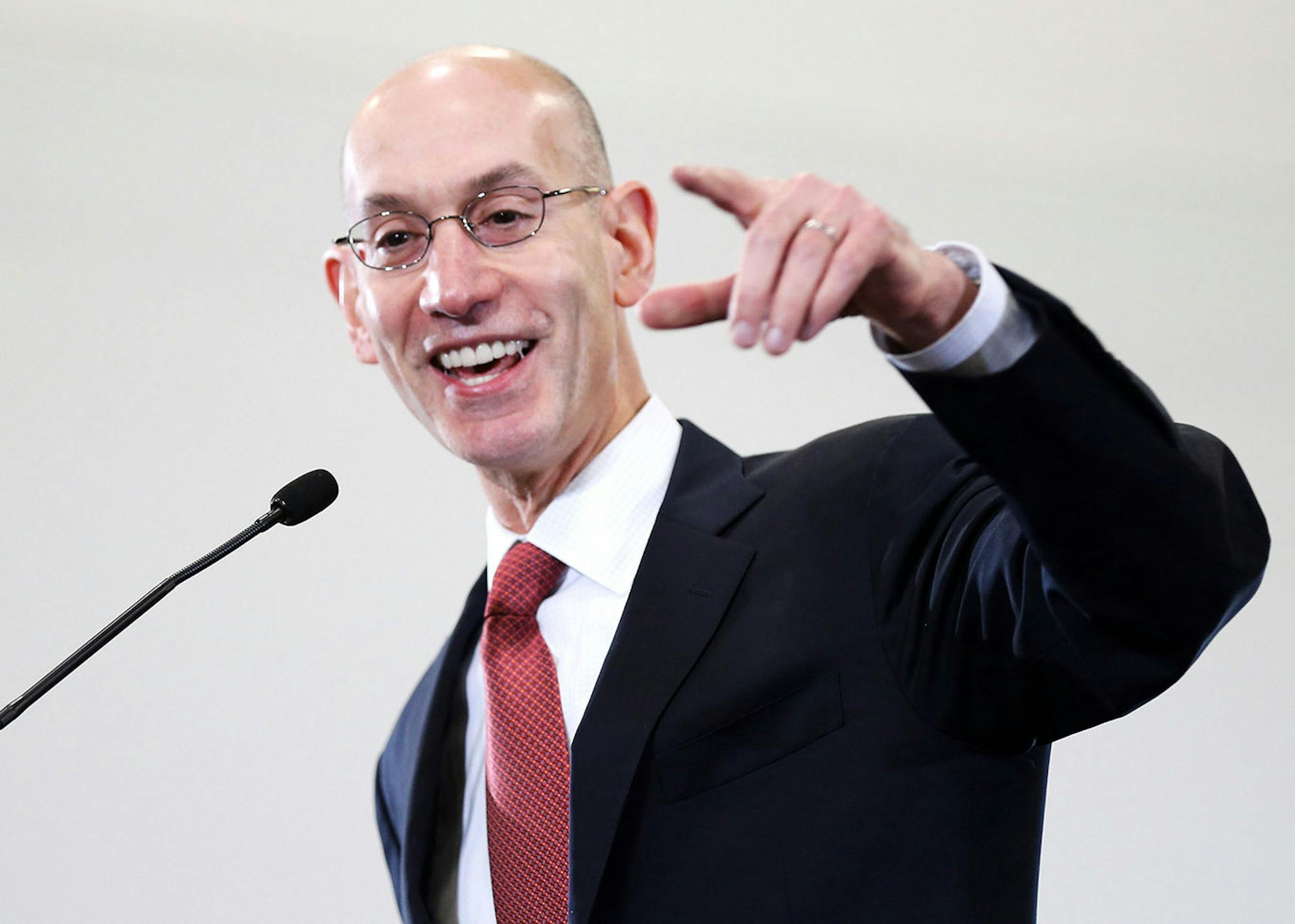 NBA Commissioner Adam Silver speaks during the grand opening event at the Timberwolves and Lynx Courts at Mayo Clinic Square in downtown Minneapolis on Wednesday, June 17, 2015. The Minnesota Timberwolves held a grand opening for their shiny new downtown practice facility on Wednesday, hoping that it can help end a decade of futility in the NBA.The Wolves partnered with the Mayo Clinic to build the $25 million facility just across the street from Target Center. It was paid for entirely with priv