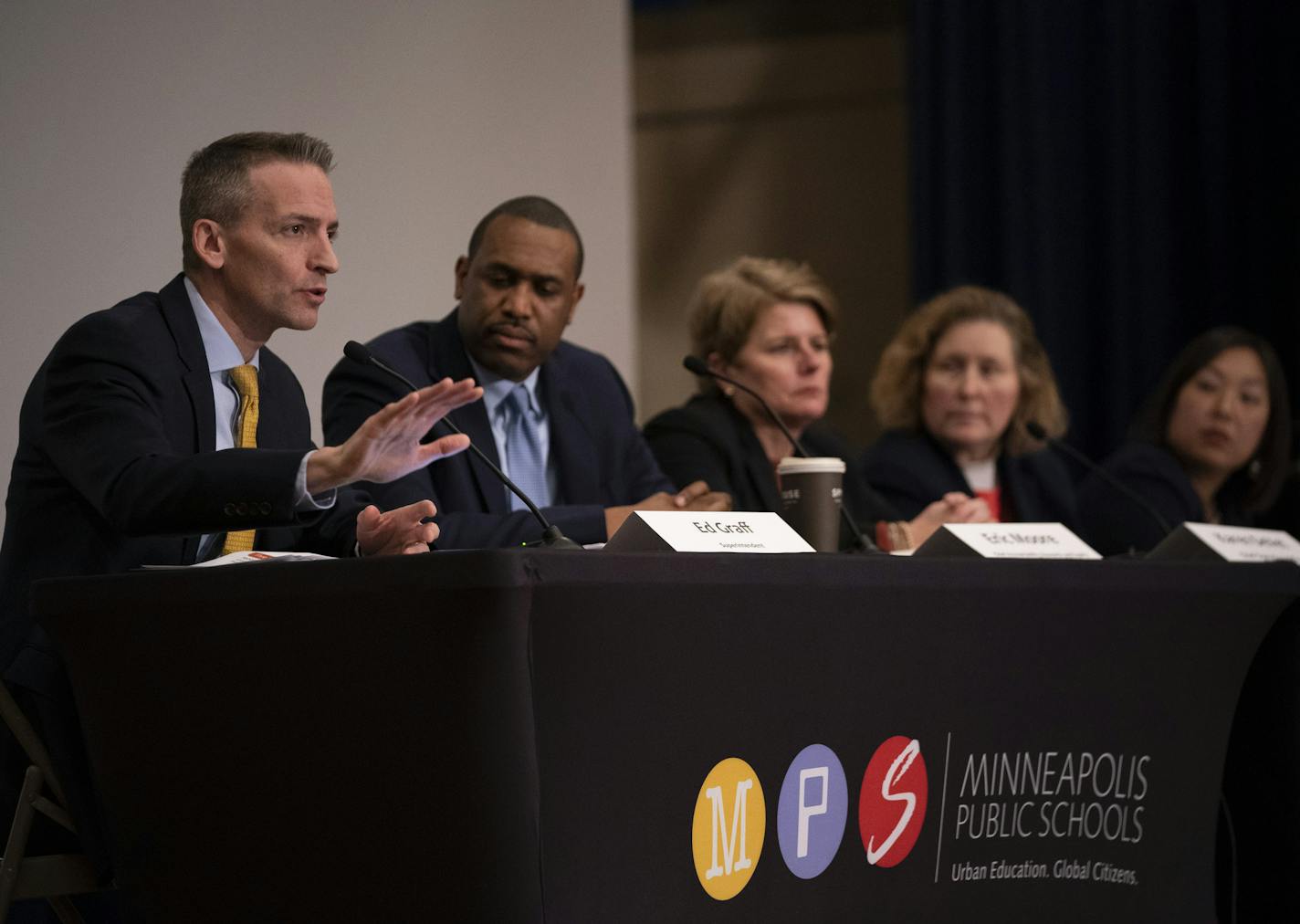 Superintendent Ed Graff, left, and other Minneapolis Public Schools leaders addressed questions submitted by audience members.