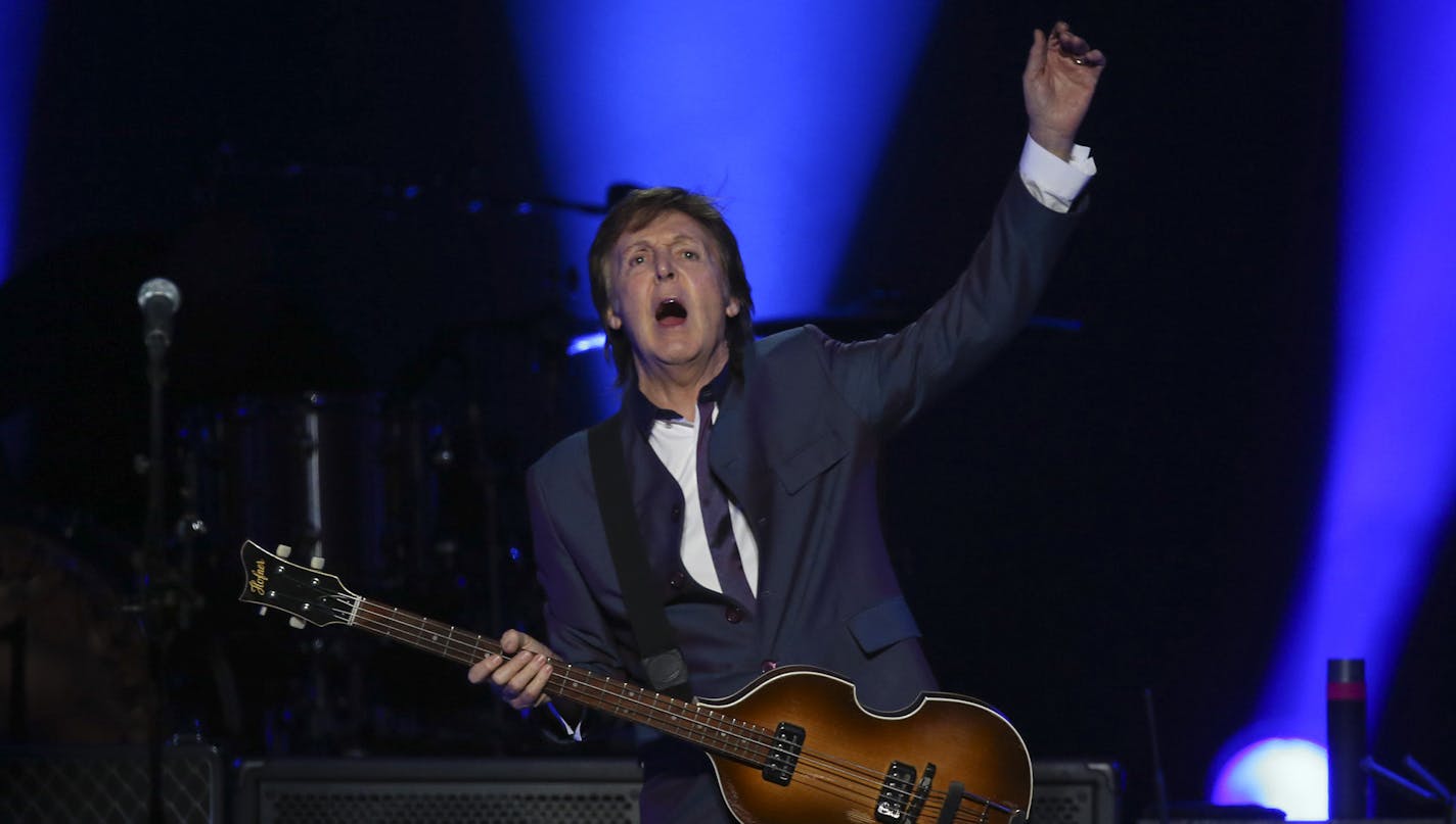 Paul McCartney at the end of "Hard Day's Night," the opening song of his set Wednesday night. ] JEFF WHEELER &#xef; jeff.wheeler@startribune.com Paul McCartney's brought his One on One tour to Target Center in Minneapolis for the first of two nights, Wednesday, May 4, 2016. ORG XMIT: MIN1605042131401982