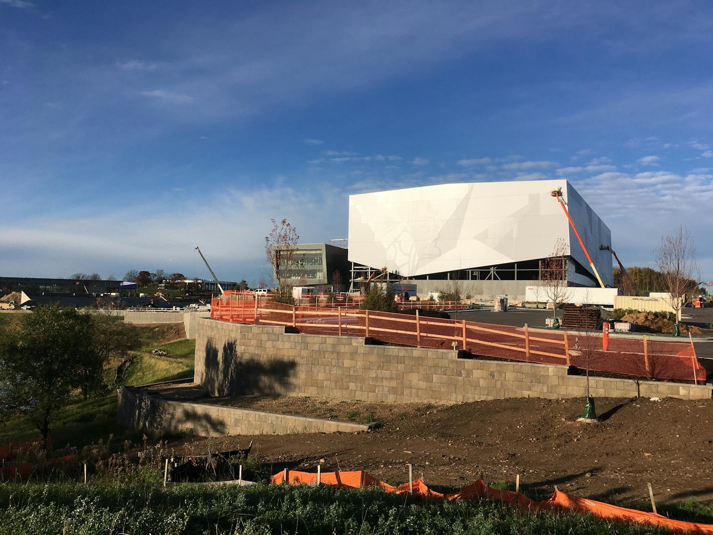 Construction of the Vikings new indoor field is underway in Eagan. The small gray building on the left is the cafeteria.