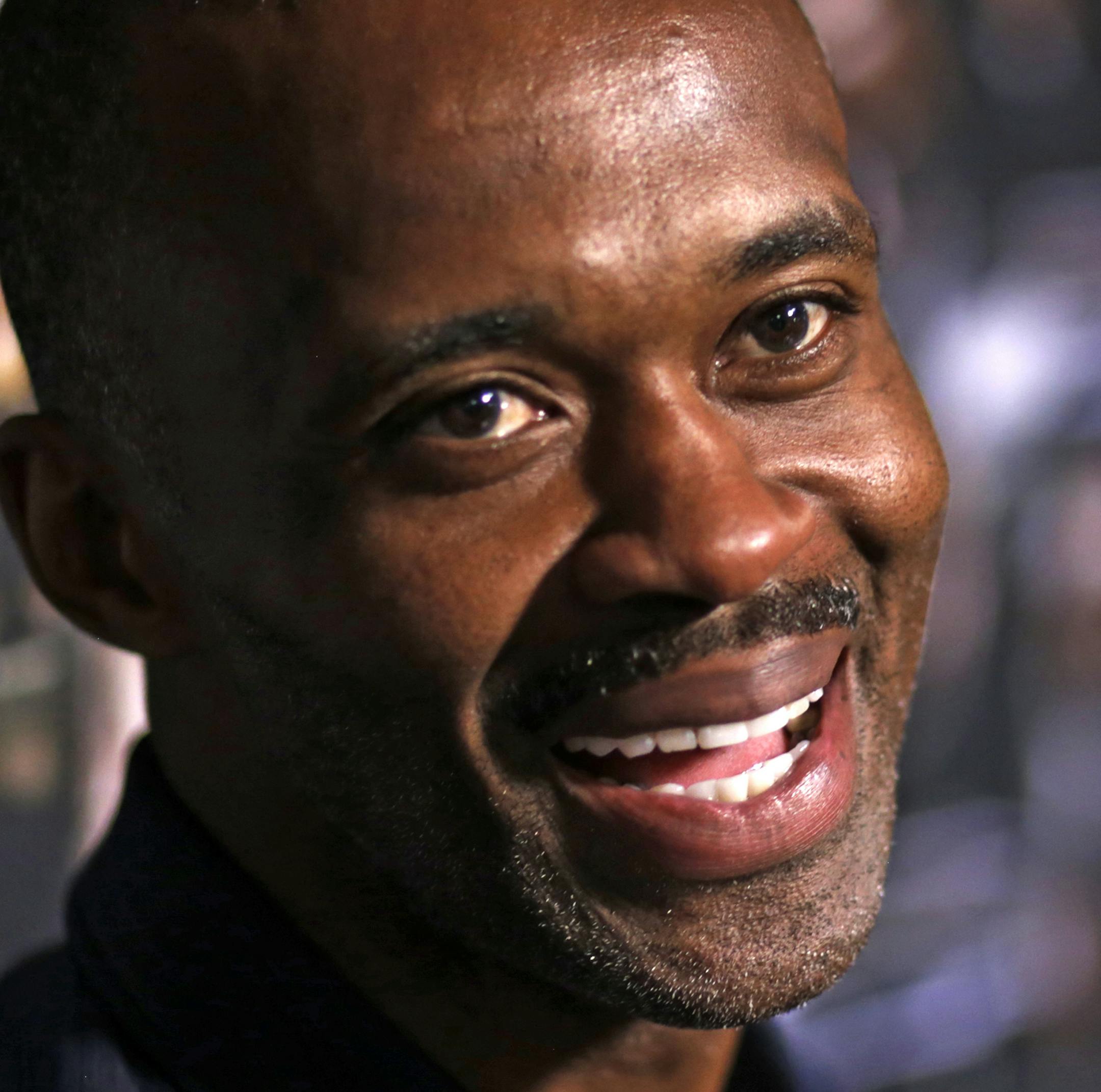 Pro Football Hall of Fame 2016 inductee Marvin Harrison talks with reporters Friday, Aug. 5, 2016, in Canton, Ohio. (AP Photo/Gene J. Puskar)