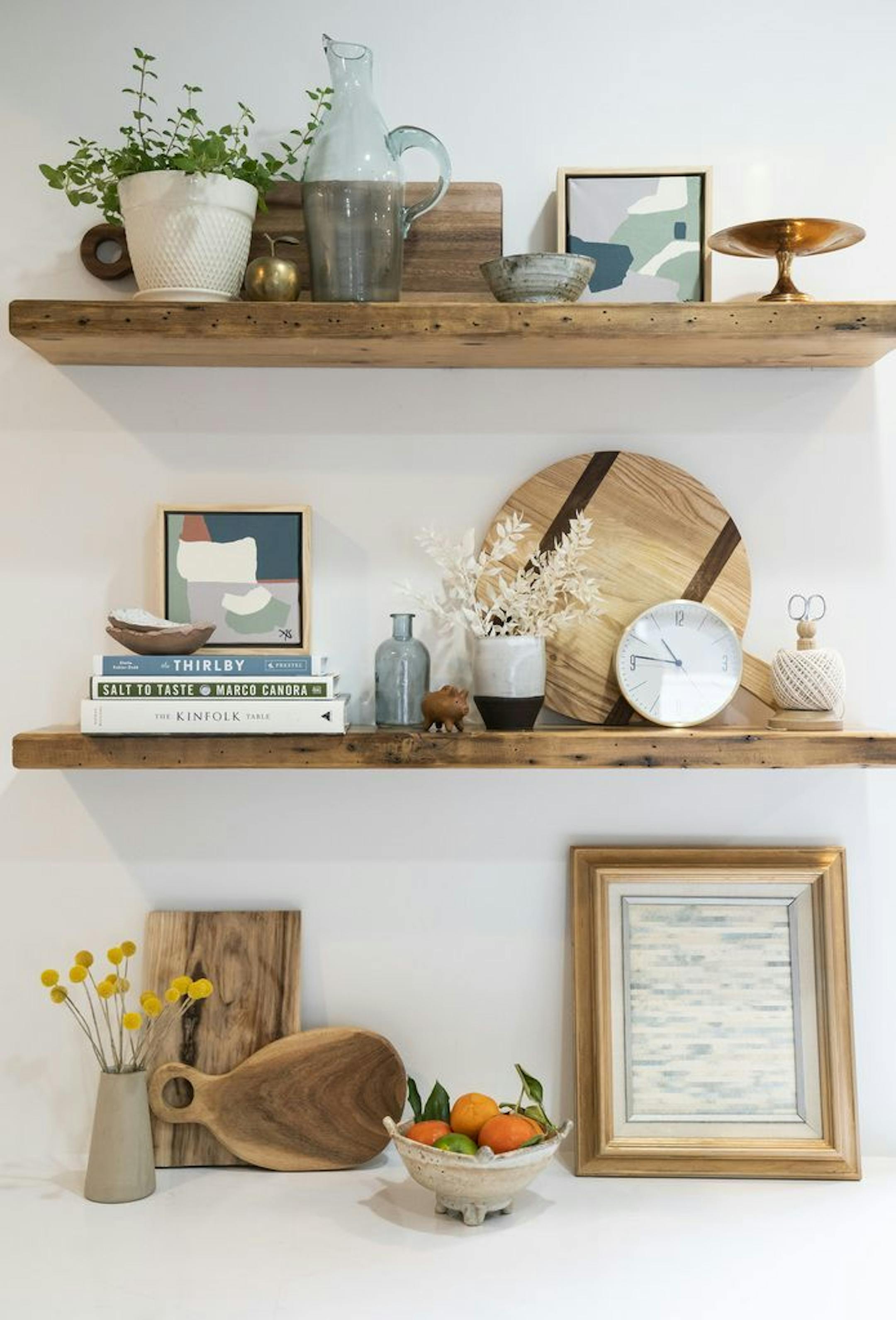 Vignettes on open shelves.