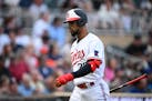 Minnesota Twins designated hitter Byron Buxton (25) walks back to the dugout after being struck out by the San Francisco Giants in the bottom of the f