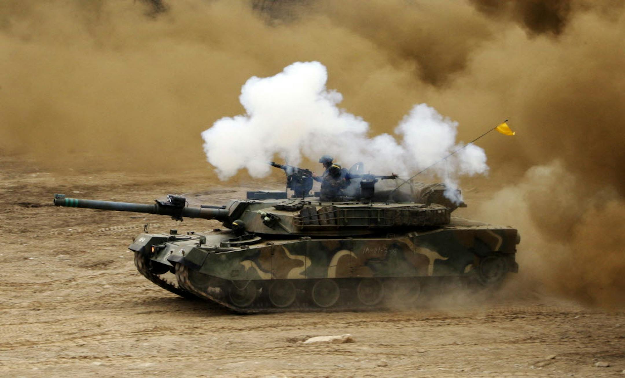 A South Korean army tank moves during an exercise against possible attacks by North Korea near the demilitarized zone (DMZ) in Hwacheon, South Korea, Monday.