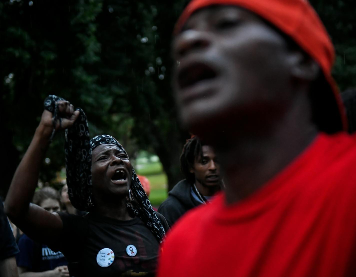 Daphne Brown, of New Hope, chanted with fellow protesters at the close of Saturday afternoon's protest at Loring Park. ] AARON LAVINSKY &#xef; aaron.lavinsky@startribune.com A protest and march was held at Loring Park on Saturday, June 17, 2017 in Minneapolis in response to the acquittal of St. Anthony police officer Jeronimo Yanez, who shot and killed Philando Castile, a black man, during a traffic stop in Falcon Heights in July, 2016.