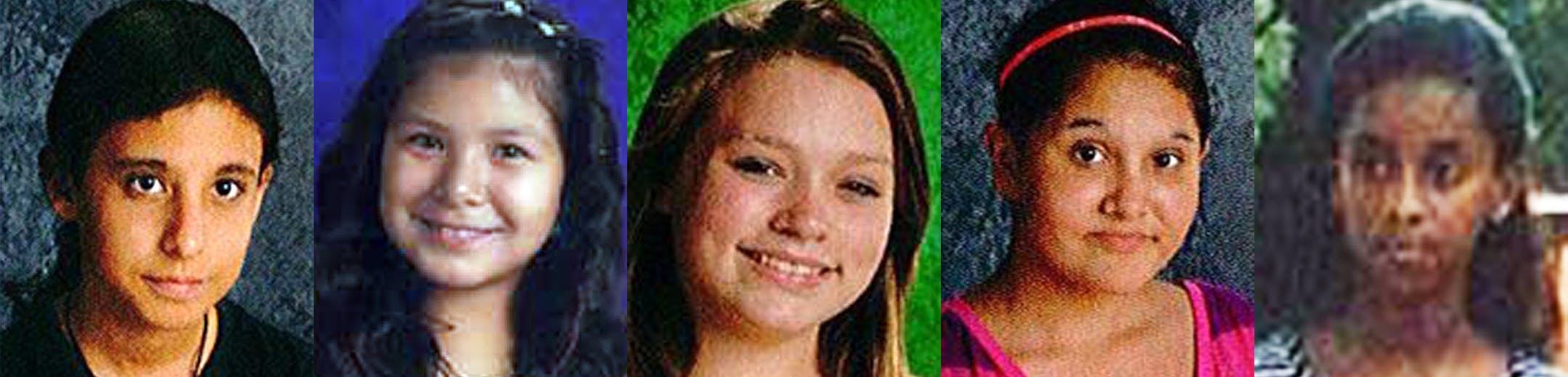 The Minneapolis Police Department is asking for the public's help in finding, from left: Isabel Marie Ward 13, Malina Gail-Corrine Long Crow, 12, Gabriella Rae Woods, 12, Alexandra Rubina O'Brien,12, and Keneni Mekonen Legese, 11.