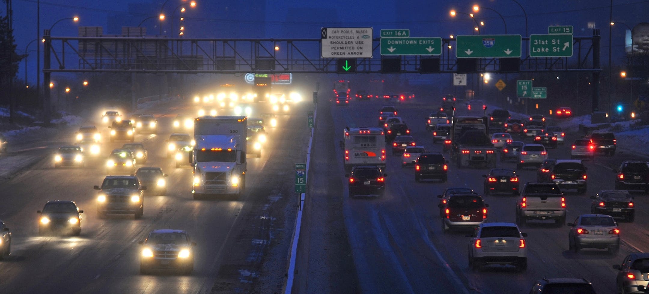 The overnight snow fall made fior a slow commute this morning on 35W in Minneapolis on Friday December 28. 2012.