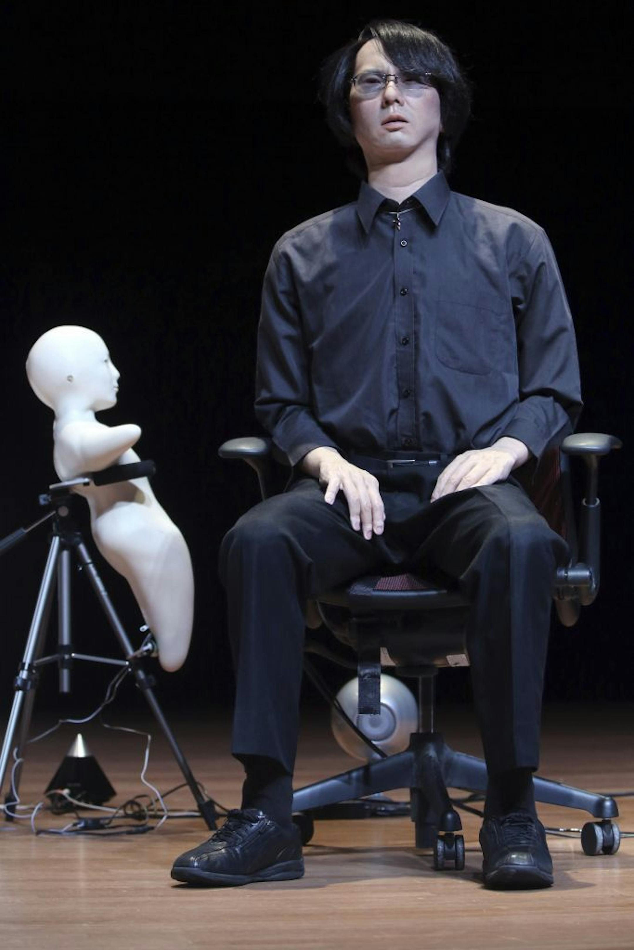 Dr. Hiroshi Ishiguro's Geminoid,takes the stage during the Global Future 2045 Congress, Saturday, June 15, 2013 at Lincoln Center in New York. Some of humanity�s best brains are gathering in New York to discuss how our minds can outlive our bodies. The conference is funded by a Russian billionaire with an aggressive time schedule: immortality by 2045.