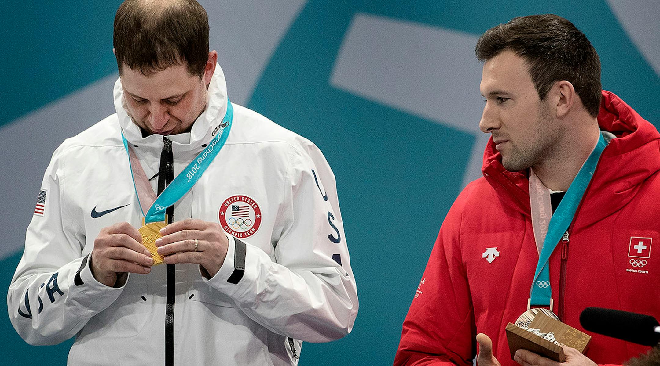 Team skip John Shuster looked at his gold medal. Team USA beat Sweden 10-7 at Gangneung Curling Centre on Saturday to win the Gold medal