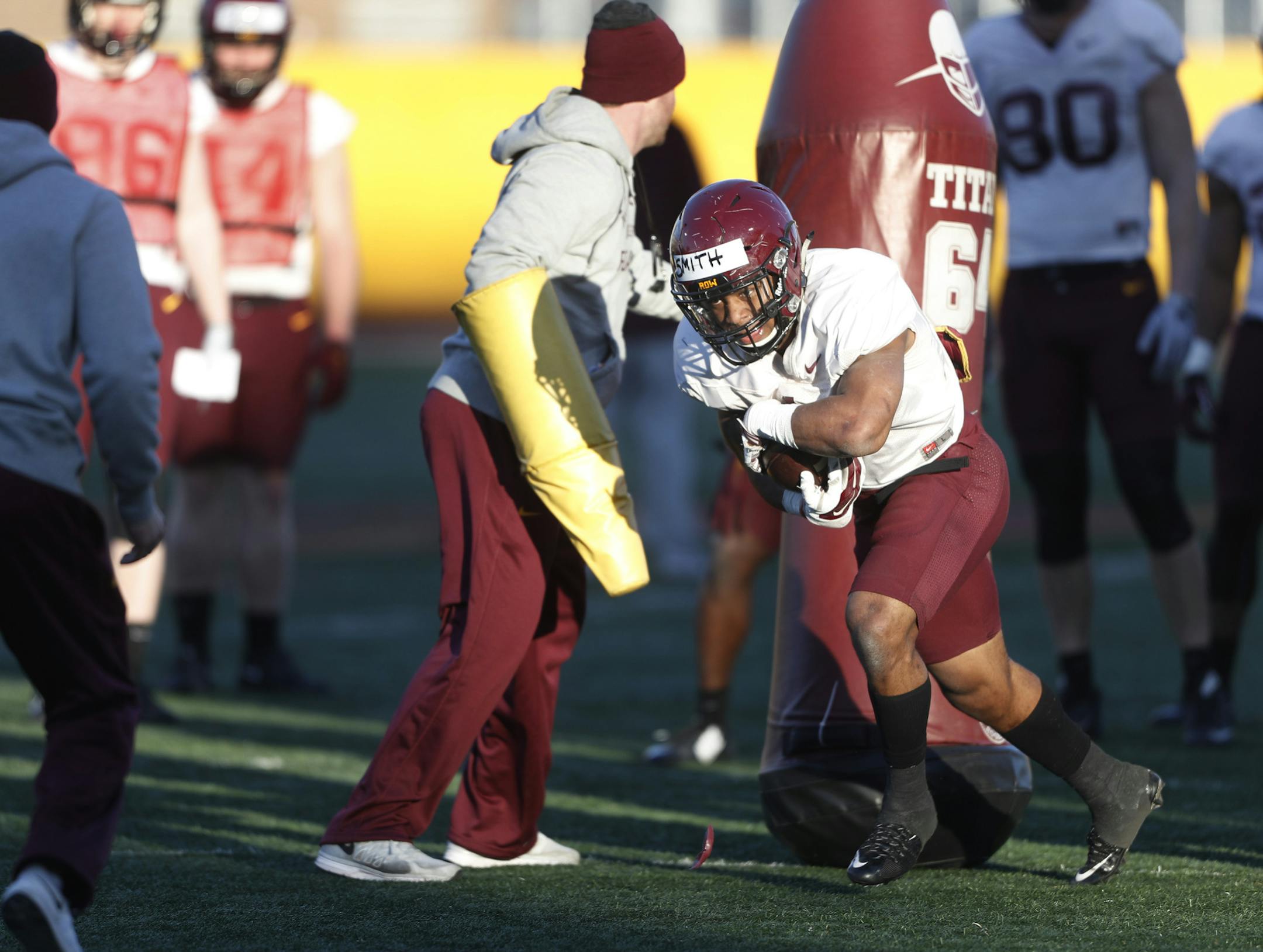 Gophers running back Rodney Smith, shown working on drills during football practice last month.
