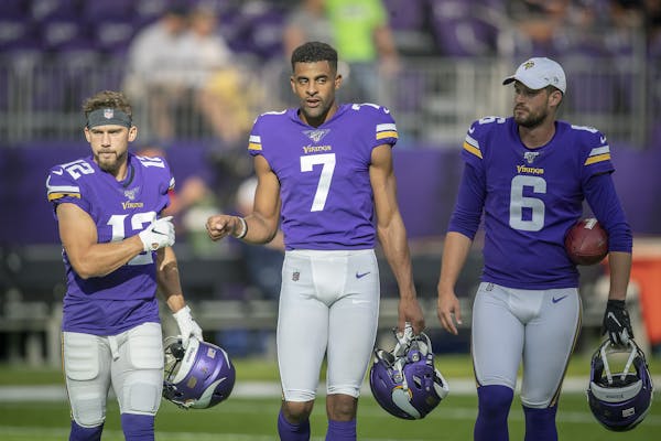Vikings wide receiver Chad Beebe, left, punter Kaare Vedvik, center, and punter Matt Wile before the pre-season matchup between the Minnesota Vikings 