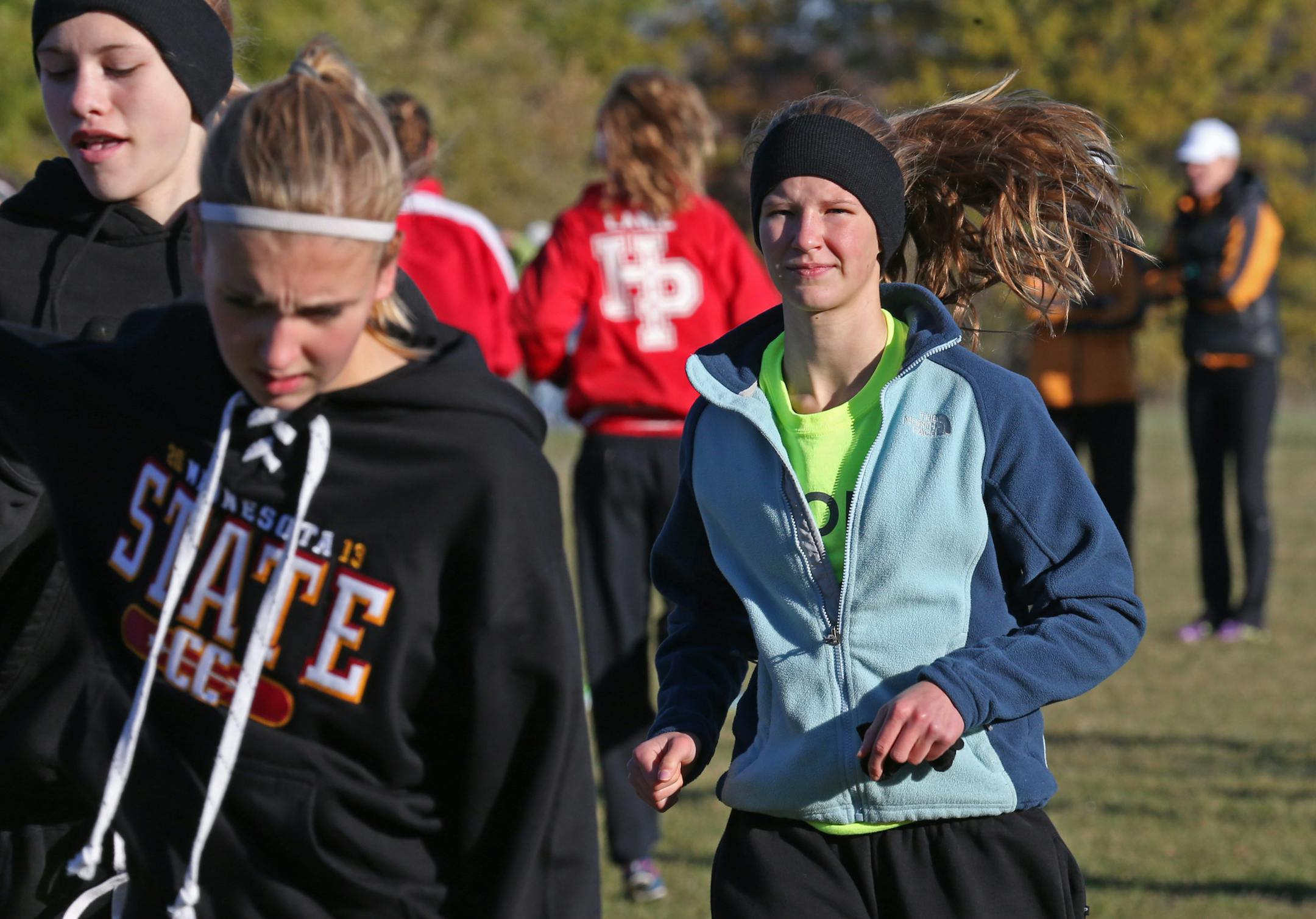 Anoka's Sydney Paulson warmed up before the start of the Class AA Girls cross country championship in Northfield on 11/2/13. Bruce Bisping/Star Tribune bbisping@startribune.com Sydney Paulson/roster. FOR FUTURE ZONE STORY