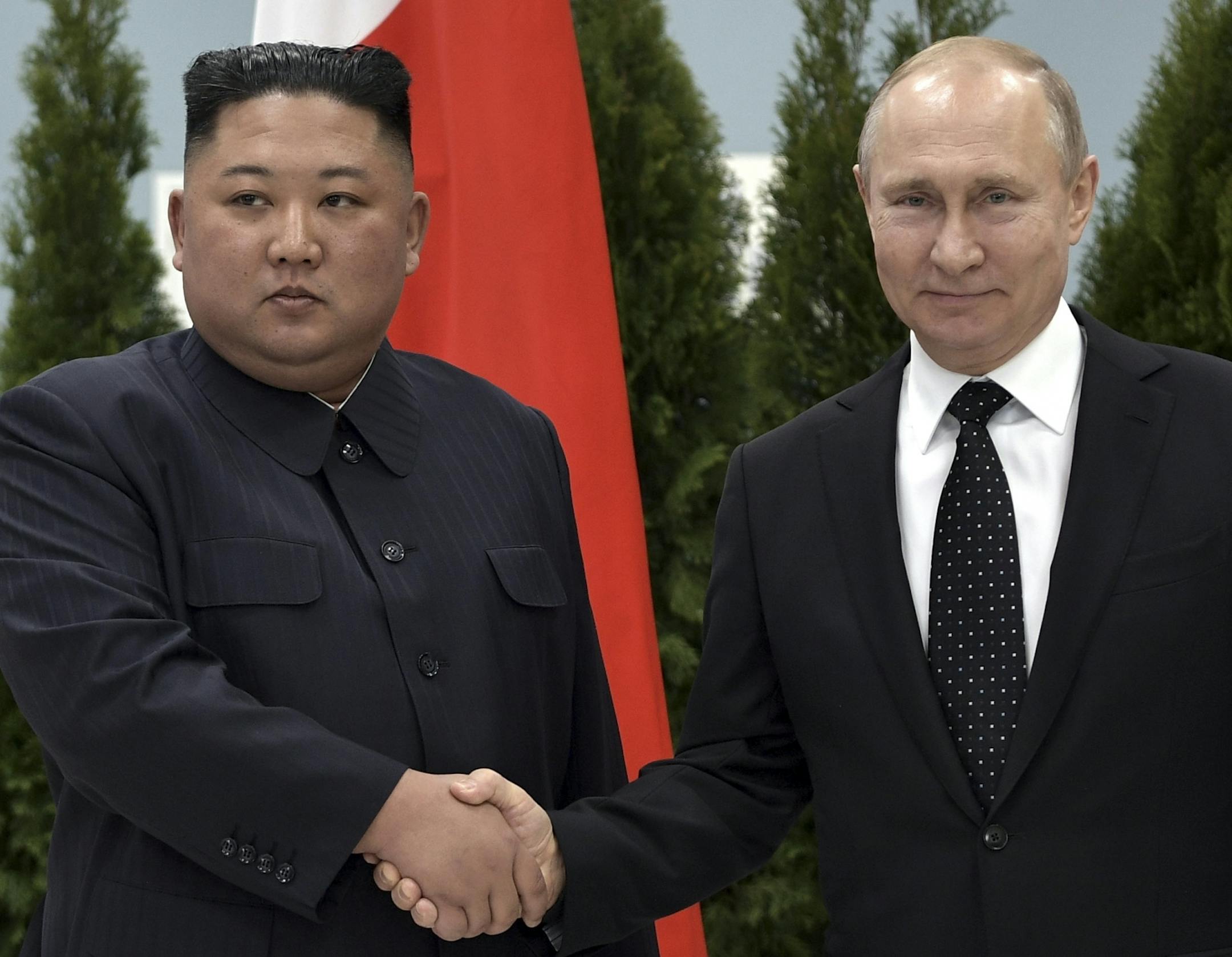 Russian President Vladimir Putin, right, and North Korea's leader Kim Jong Un posing for a photo prior to their talks in Vladivostok, Russia, Thursday, April 25, 2019. Russian President Vladimir Putin and North Korean leader Kim Jong Un say they have had fruitful talks about how to defuse a standoff over Pyongyang's nuclear program.