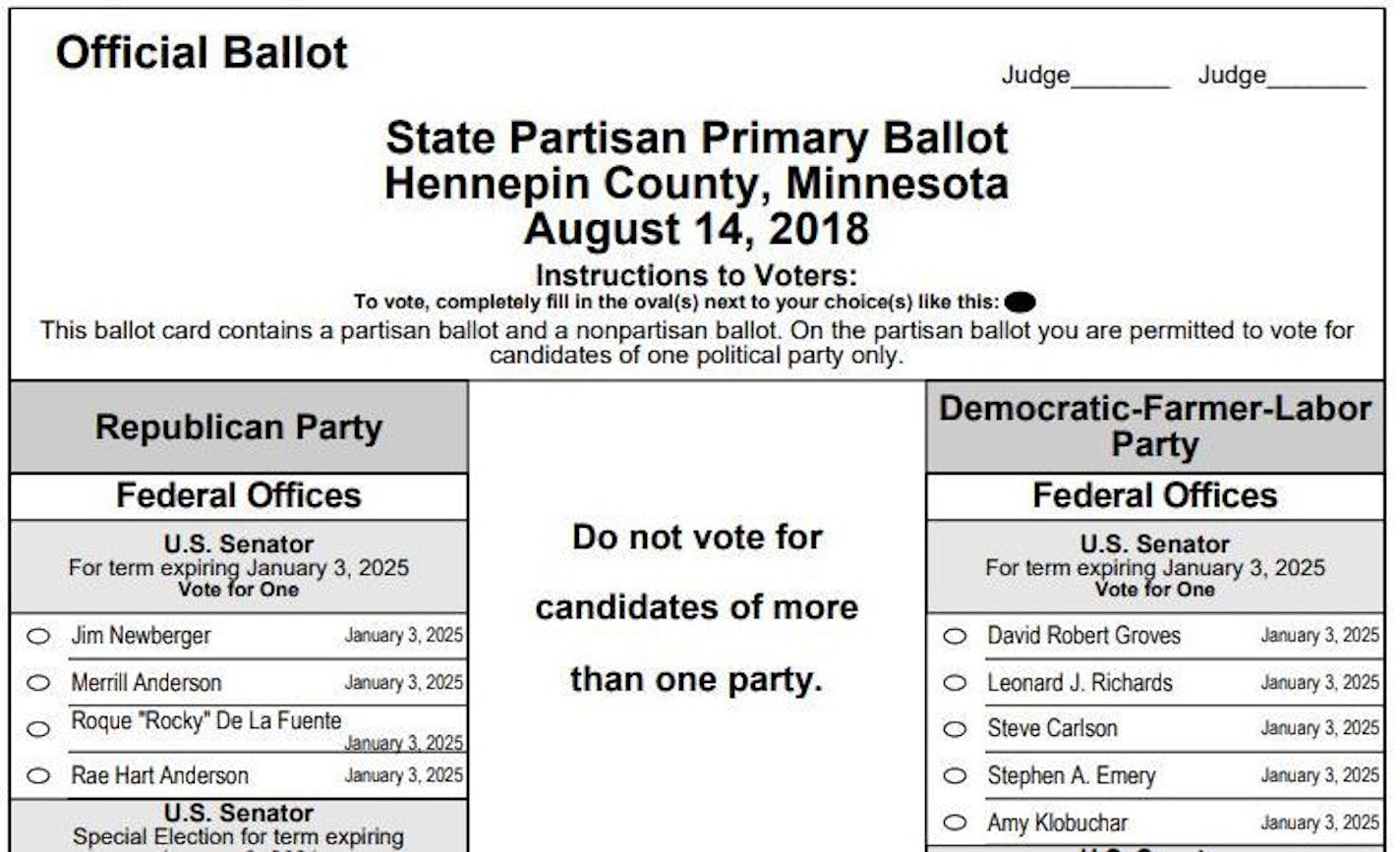 The official ballot for Minnesota's primary next month lists double murderer Leonard Richards among those seeking the DFL nomination for U.S. Senate.