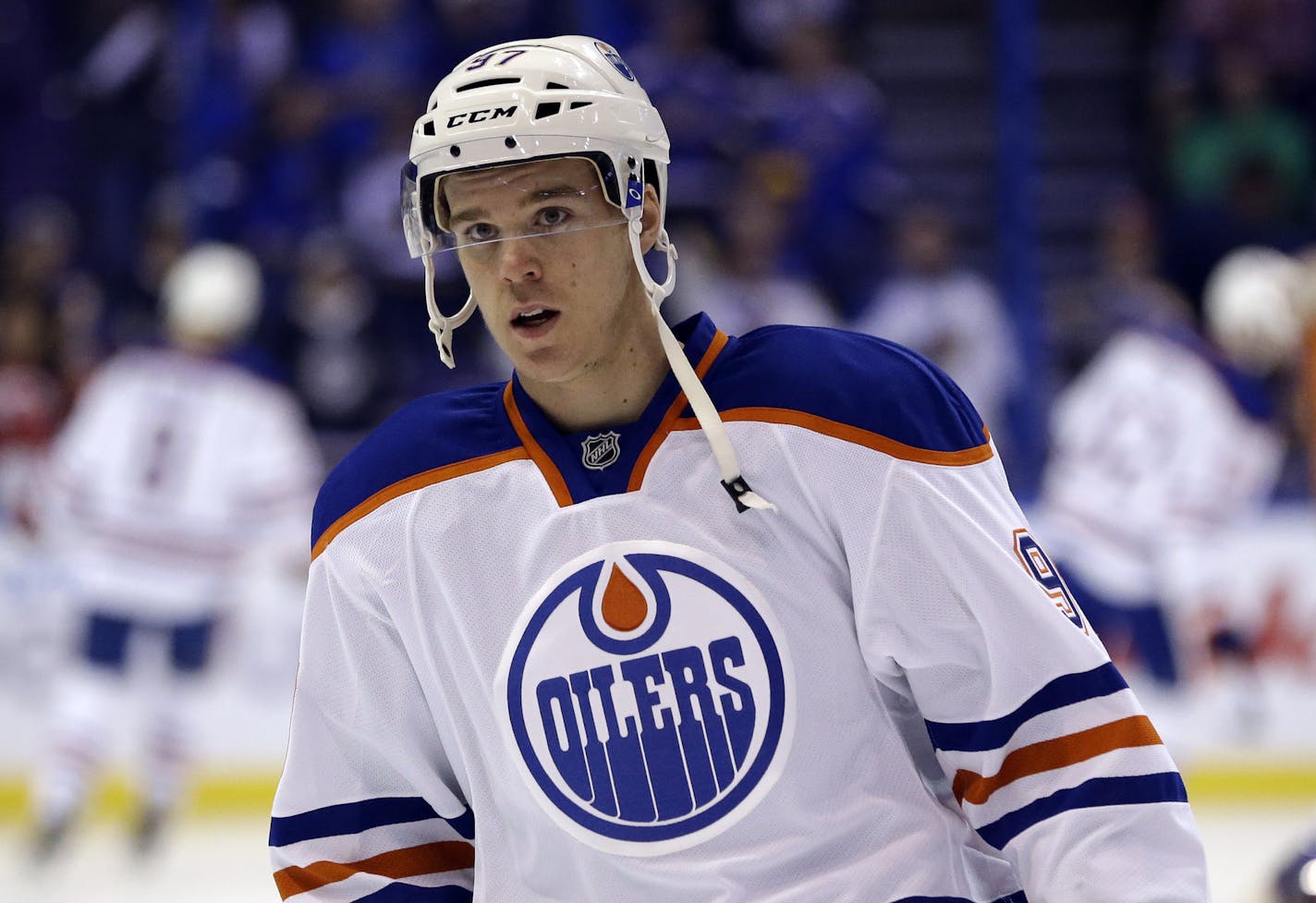 Edmonton Oilers' Connor McDavid warms up before the start of an NHL hockey game against the St. Louis Blues, Thursday, Oct. 8, 2015, in St. Louis. (AP Photo/Jeff Roberson)