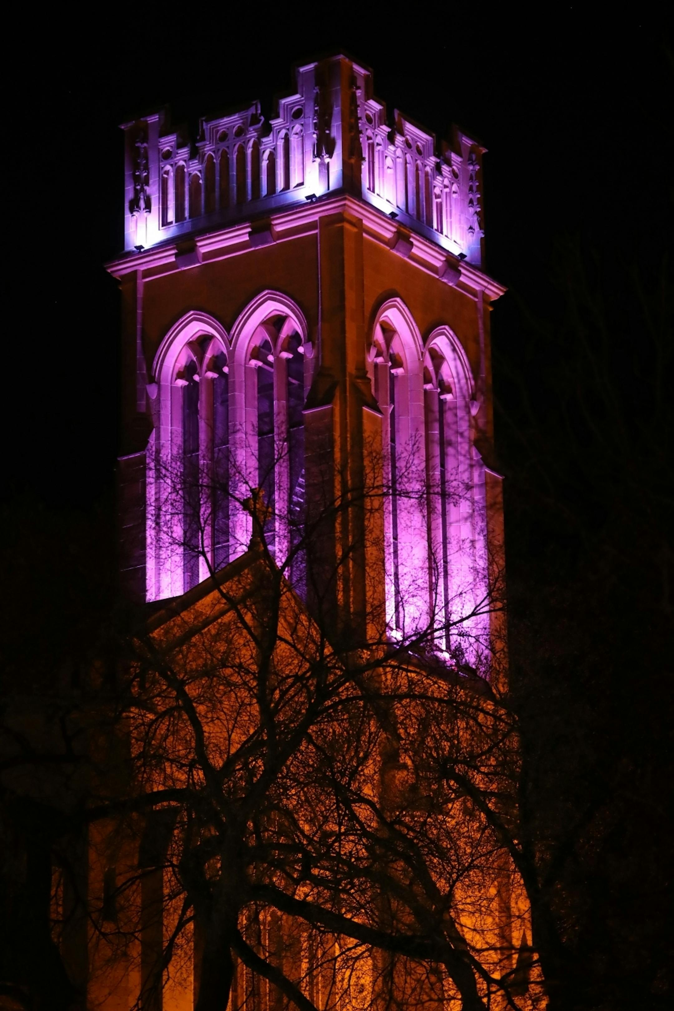 The bell tower of Saint Mark's Episcopal Cathedral was lit purple to mark the one-year anniversary of Prince's passing.