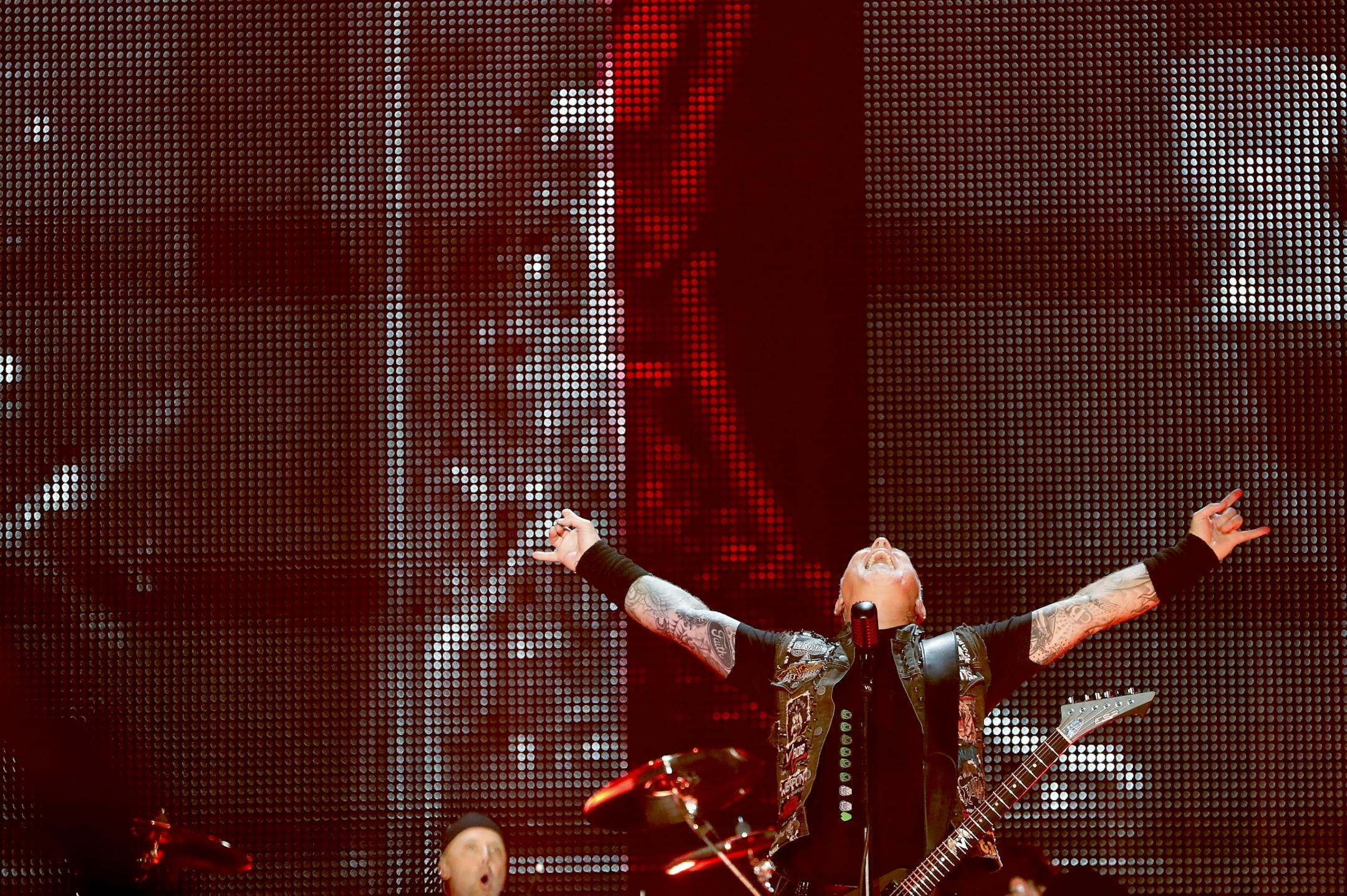 Metallica singer and guitarist James Hetfield during a performance at US Bank Stadium.
