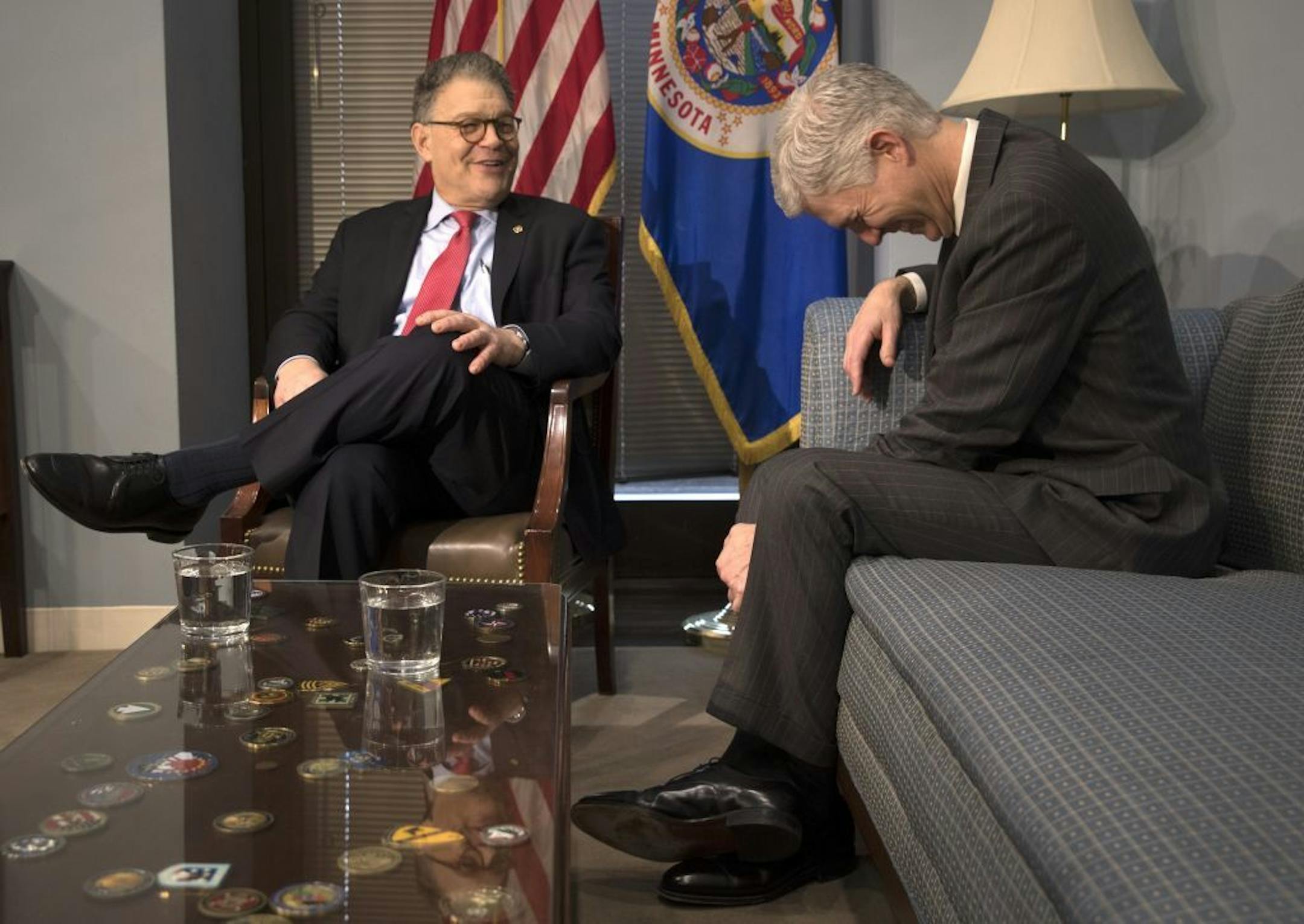 Sen. Al Franken (D-Minn.) and Judge Neil Gorsuch share a laugh as they met on Capitol Hill in Washington, March 7, 2017. Confirmation hearings for Gorsuch, President Donald Trump�s nominee to the Supreme Court, are set to begin on March 20.