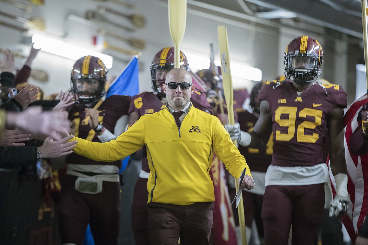 Minnesota's Head Coach P. J. Fleck led the team down the tunnel before Minnesota took on Wisconsin at TCF Bank Stadium, Saturday, November 20 2017 in Minneapolis, MN. ] ELIZABETH FLORES &#xef; liz.flores@startribune.com