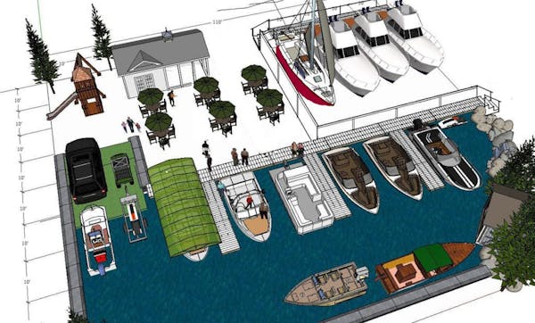 An indoor marina and yacht (shown in a rendering) is a new attraction at the boat show.