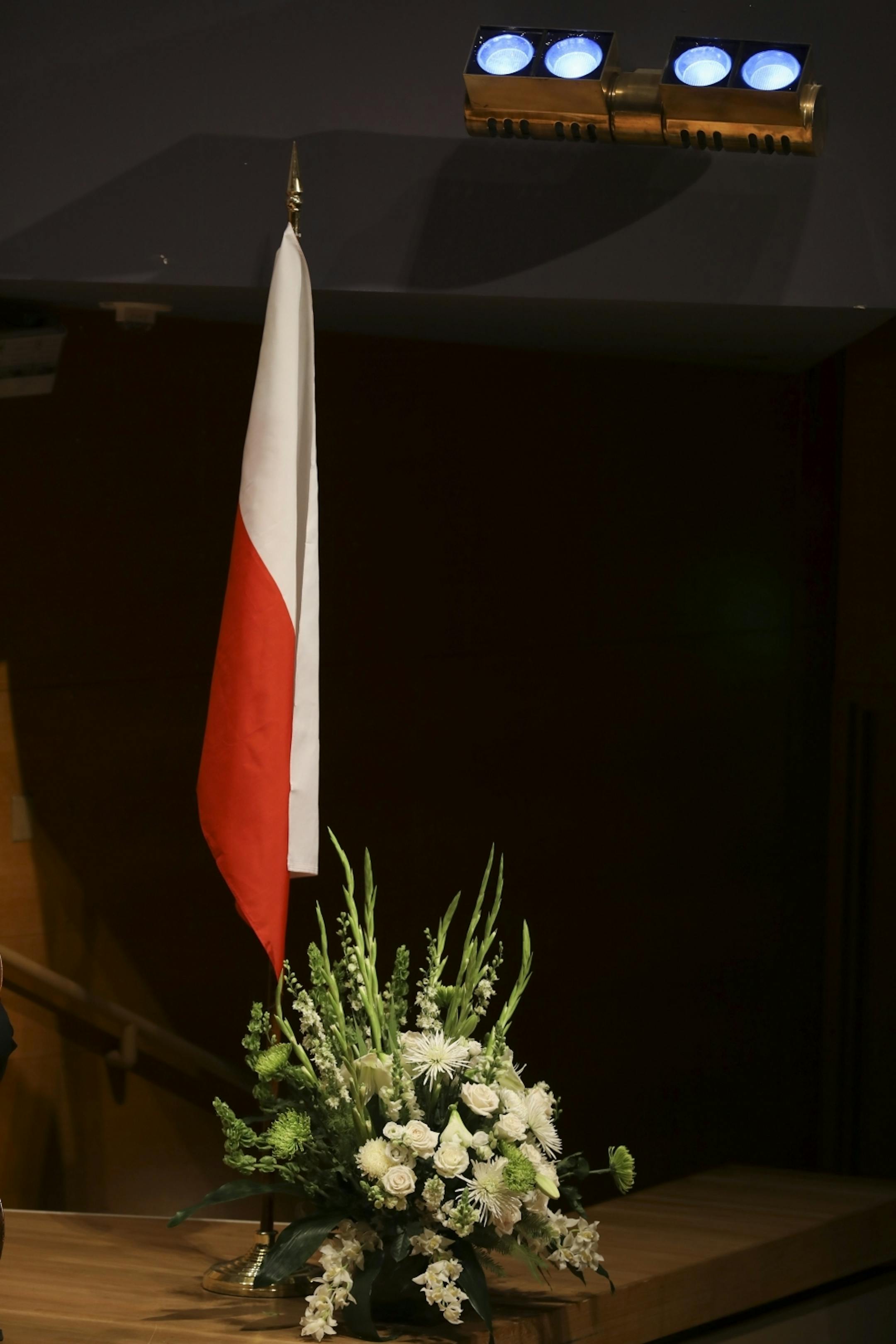 The flag of Scrowaczewski's native Poland was at the edge of the Orchestra Hall stage during the memorial service.