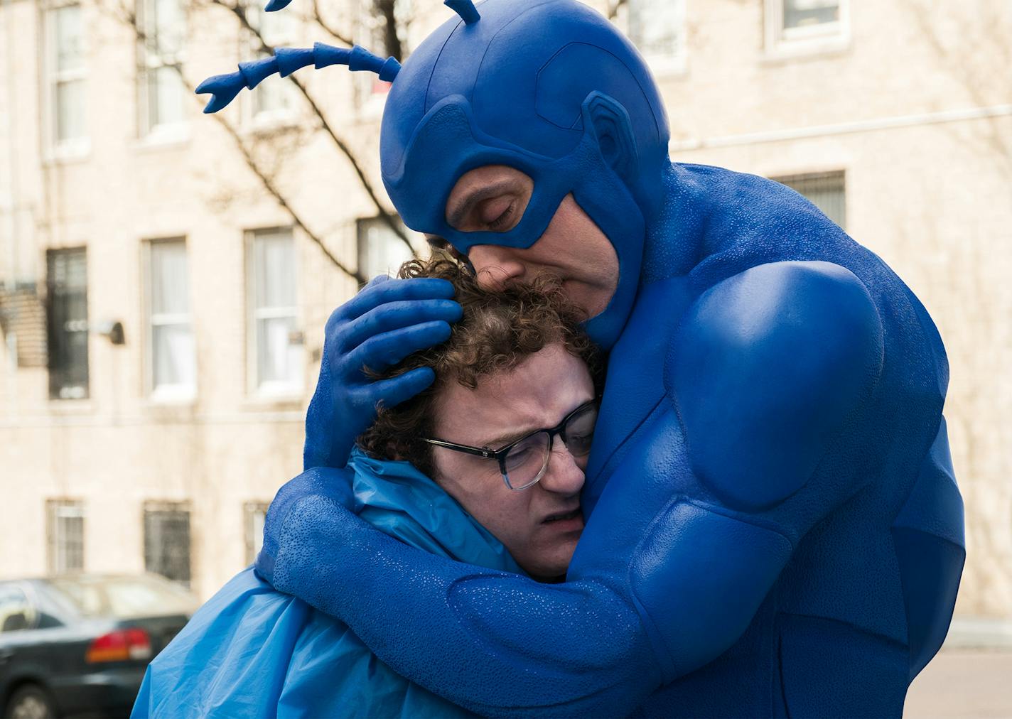 Griffin Newman and Peter Serafinowicz in "The Tick."