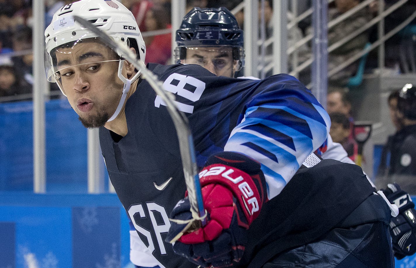 Jordan Greenway (18) chased the puck in the third period. ] CARLOS GONZALEZ &#xef; cgonzalez@startribune.com - February 16, 2018, South Korea, 2018 Pyeongchang Winter Olympics, Biathlon - Gangneung Hockey Centre, USA vs. Slovakia