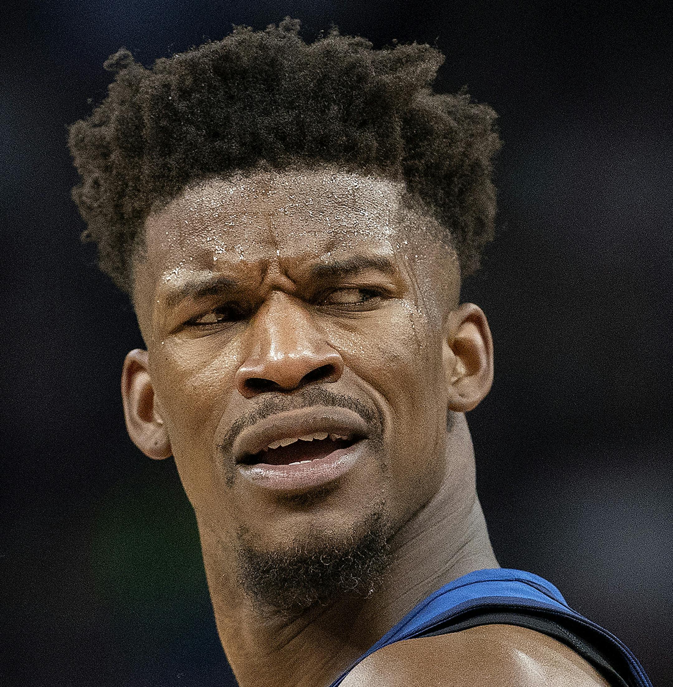 Minnesota Timberwolves' Jimmy Butler (23) reacts to a call in the third quarter in Game 4 of their series against the Rockets Monday, April 23, 2018 at the Target Center in Minneapolis, Minn. (Carlos Gonzalez/Minneapolis Star Tribune/TNS) ORG XMIT: 1229841
