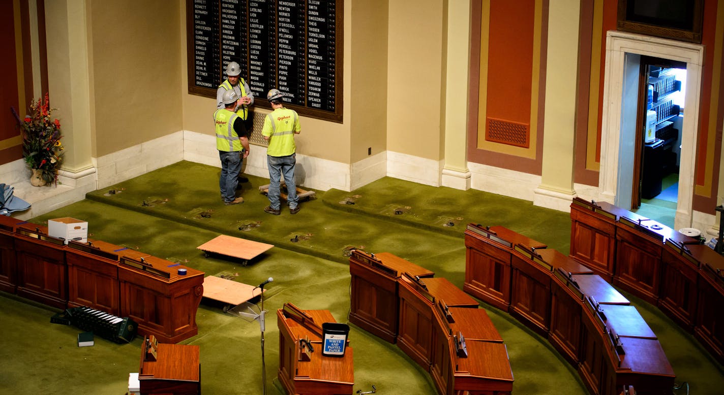 Hours after the Legislature&#x2019;s session ended in May, crews removed House chamber desks as part of the Capitol renovation project.