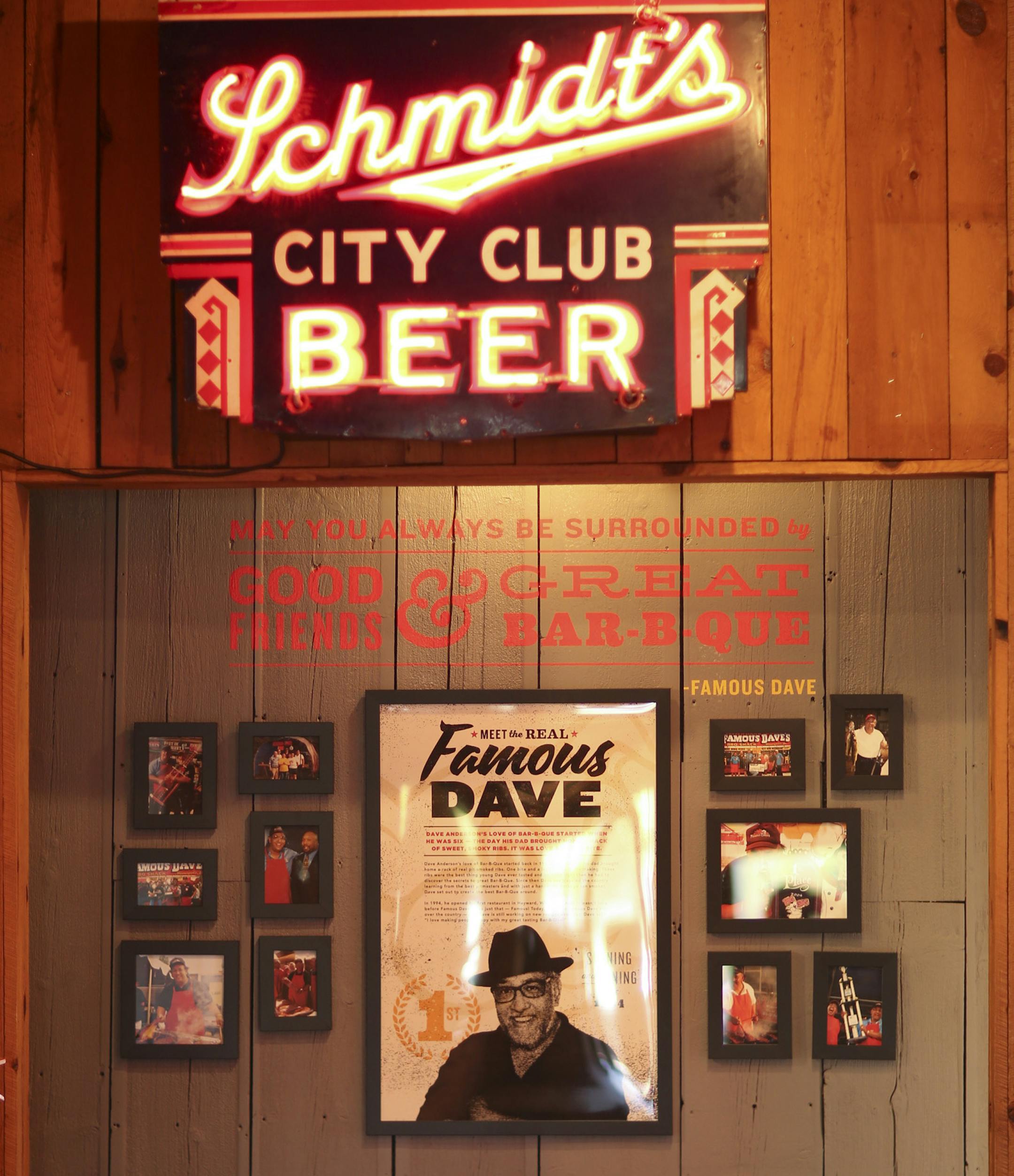 Detail of a wall devoted to Famous Dave's founder, Dave Anderson, in the updated Maple Grove restaurant. ] JEFF WHEELER ï jeff.wheeler@startribune.com To counter sales declines, Famous Dave's is refreshing their branding, starting with their Maple Grove location. Founder Dave Anderson and Chief Marketing Officer Alfredo Martel were on hand for the launch event Tuesday evening, September 20, 2016.