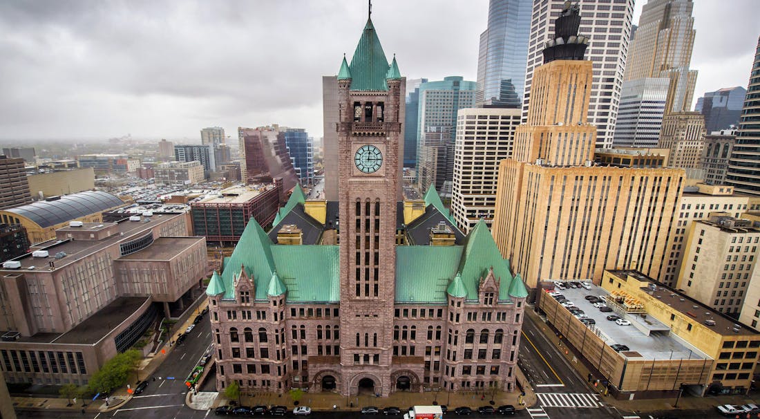 The Minneapolis City skyline including City Hall seen from the back of the U.S. District Court. ] GLEN STUBBE • glen.stubbe@startribune.com Mon