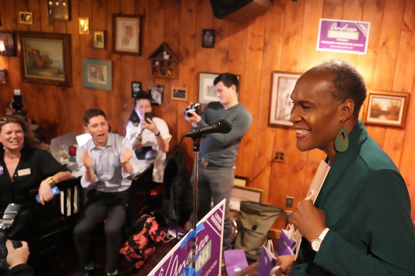 Minneapolis City Council President Andrea Jenkins, who is facing a challenge from first-time candidate Soren Stevenson, speaks to supporters as they wait for election results Tuesday, Nov. 7, 2023 at The Creekside Supper Club in south Minneapolis. ] ANTHONY SOUFFLE • anthony.souffle@startribune.com