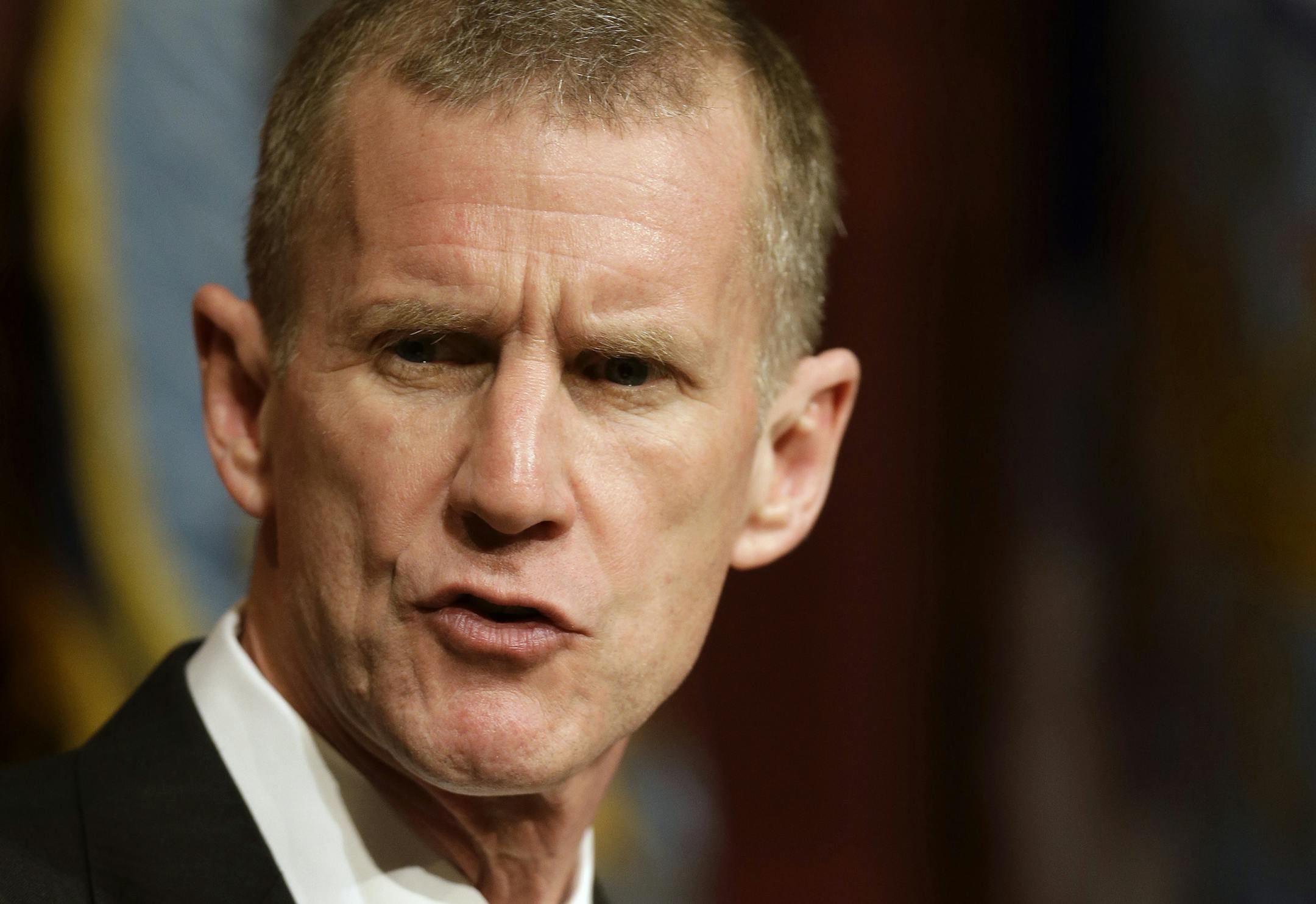 Retired U.S. Army Gen. Stanley McChrystal speaks during a forum called "Ask What You Can Do For America's Veterans" at the John F. Kennedy School of Government at Harvard University, in Cambridge, Mass., Monday, March 11, 2013. (AP Photo/Steven Senne)