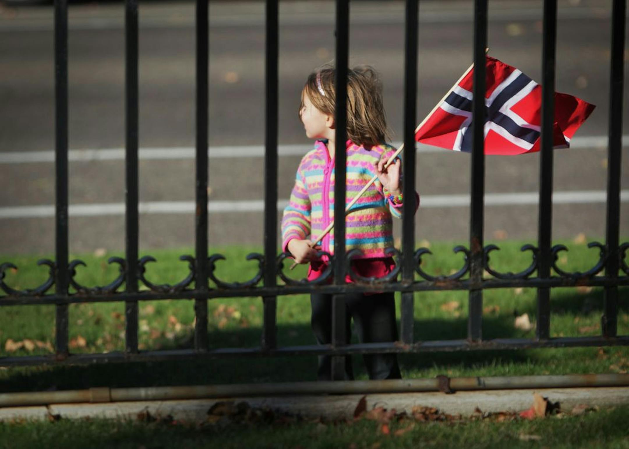 Ella Hermanson, 4, waved a Norwegian flag outside the Governor's Mansion in anticipation of the arrival of the King and Queen of Norway in St. Paul, Minnesota, Sunday, October 16, 2011.