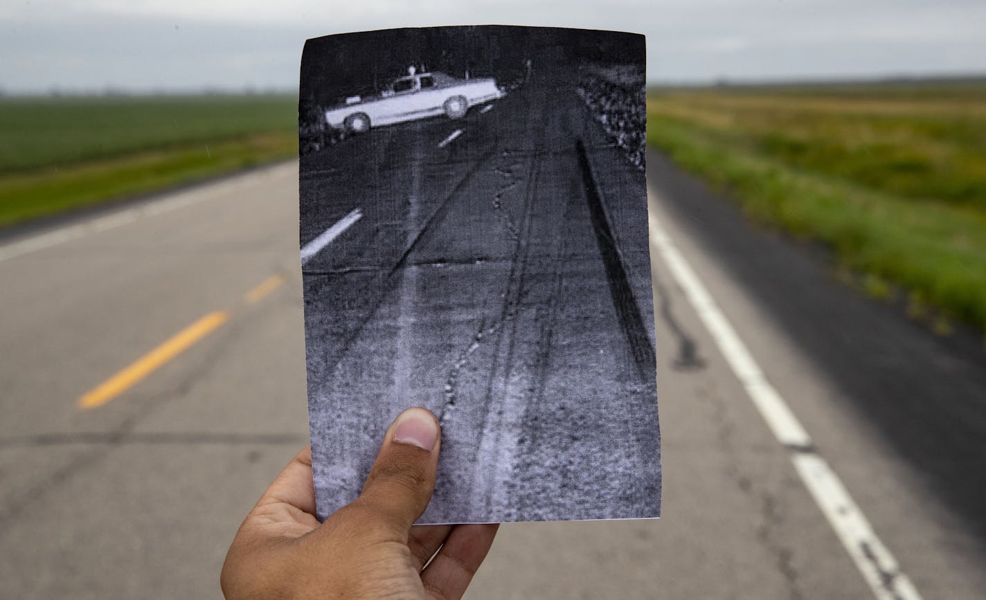 The approximate location of the crash was about half a mile from the intersection of county highway 5 and interstate 220.] ALEX KORMANN &#x2022; alex.kormann@startribune.com In August 1979, Marshall County sheriff's deputy, Val Johnson, was driving along county road 5 when he saw bright lights on the horizon. He drove toward them to investigate. It was the last thing he remembers. He awoke some 45 minutes later with burns on his face and eyes. His watch and car clock had stopped for fourteen min