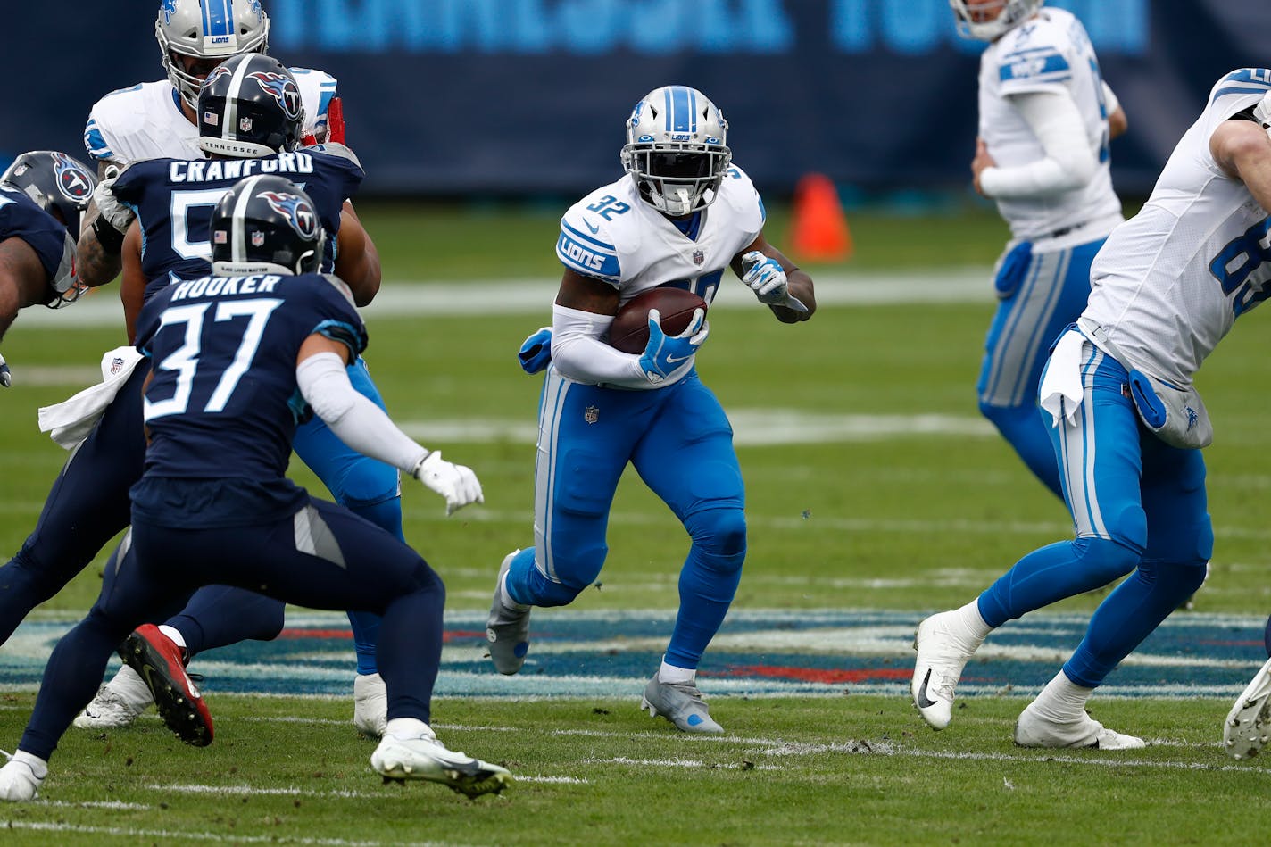 Detroit Lions running back D'Andre Swift runs against the Tennessee Titans during the first half of an NFL football game Sunday, Dec. 20, 2020, in Nashville, N.C. (AP Photo/Wade Payne)